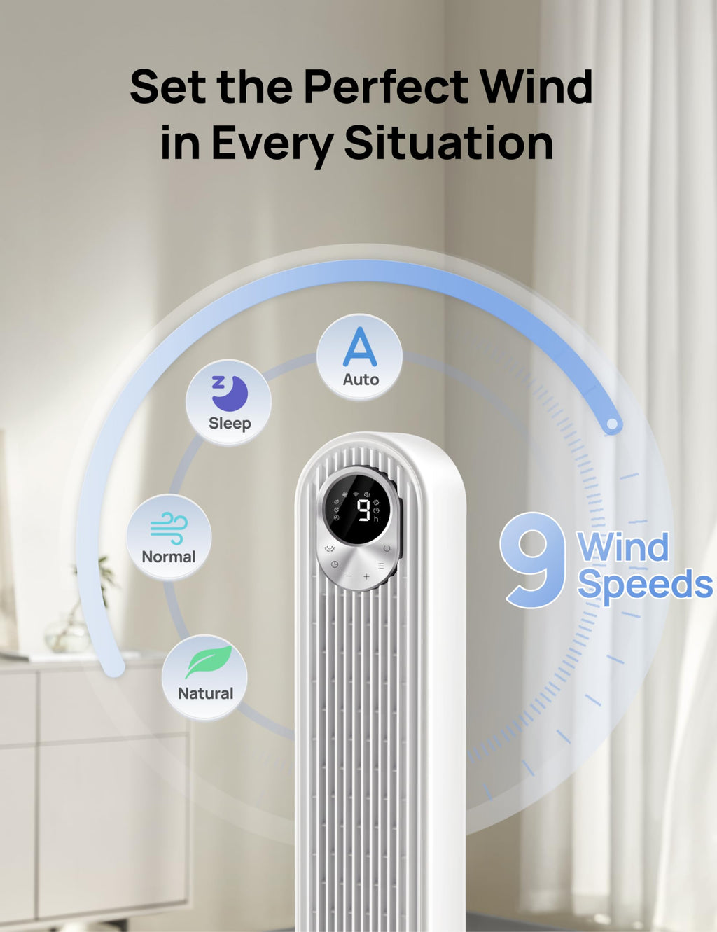 DREO Tower Fan for Bedroom, 28ft/s Velocity, 20dB Ultra Quiet, 8 Speeds | 2026 Upgraded DC Motor, 90° Oscillating, 4 Modes Standing Fan, Bladeless Fan for Indoors, Floor Fans with Remote, Black