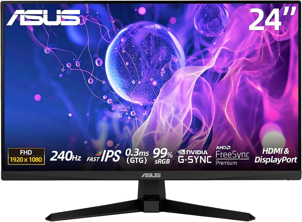 ASUS TUF 24" Gaming Monitor, FHD 1080p, Fast IPS, 240Hz, 0.3ms, AMD FreeSync Premium, G-SYNC Compatible, 99% sRGB, ELMB Sync, Eye Care, DisplayPort, HDMI, VESA Mount, Tilt Adjustment, Black