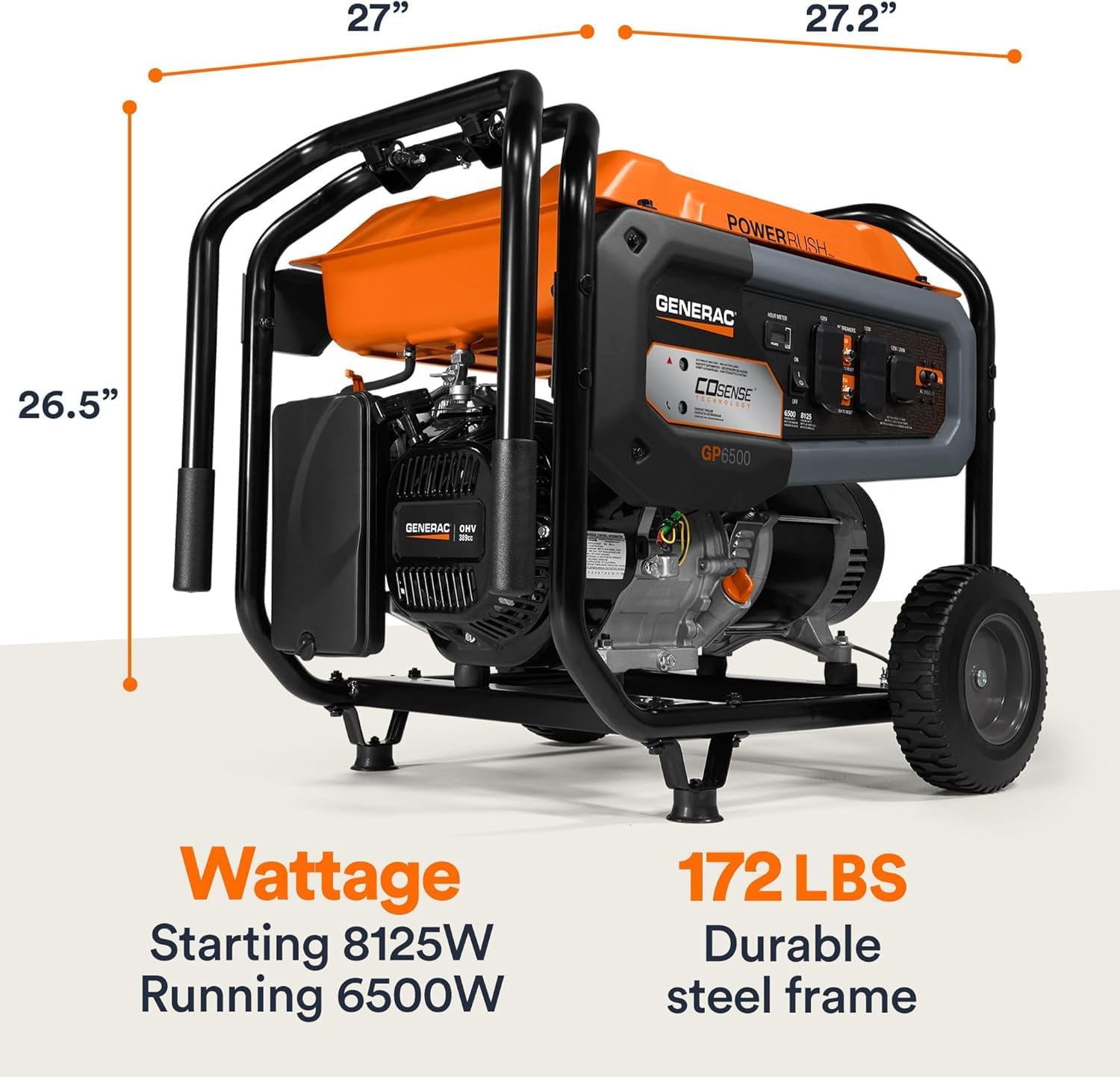 Generac 12,500 Starting Watt Tri-Fuel Portable Generator, Electric Start | Gas, Propane, Or Natural Gas Fuel Options, COsense CO Detection, 9.5 Hour Runtime, Emergency Home Backup, 49 State Compliant