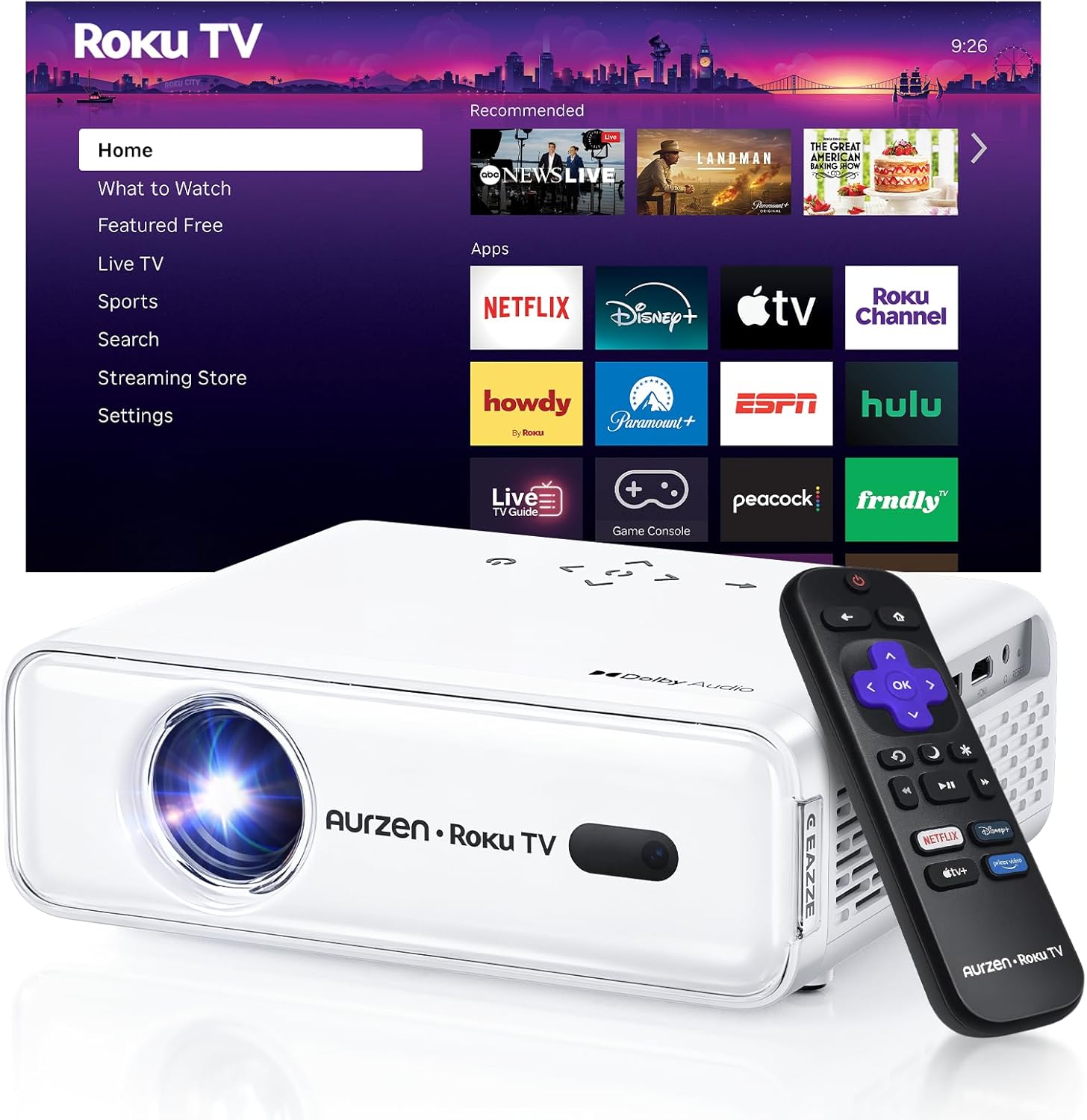 Aurzen Roku TV D1R Smart Portable Outdoor Projector with WiFi and Bluetooth | Roku TV Built-in, All Top Apps, 1080P FHD, DoIby Audio, Auto Focus & Keystone, Zoom, Mini Projector for Home & Outdoor Movies