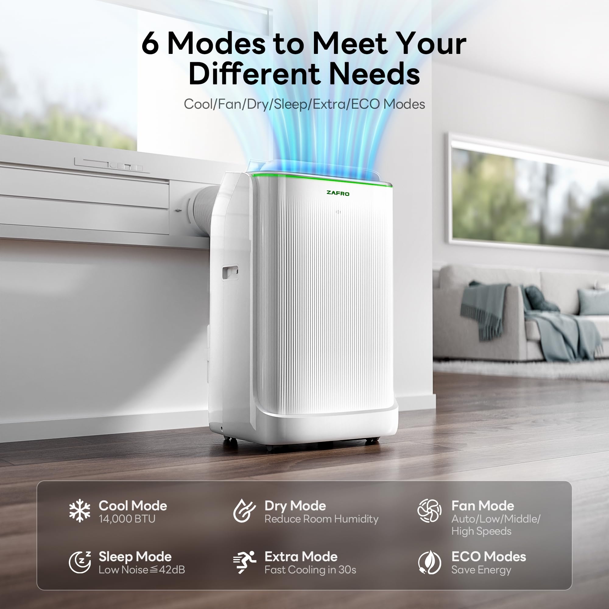 ZAFRO Smart Inverter Portable Air Conditioners, 16000 BTU (12000 BTU SACC) | Dual Hose Portable AC Unit with Energy Saving/Ultra Quiet(42dB)/Drainage-free Cooling/APP/Remote for Multi-Scenario Use