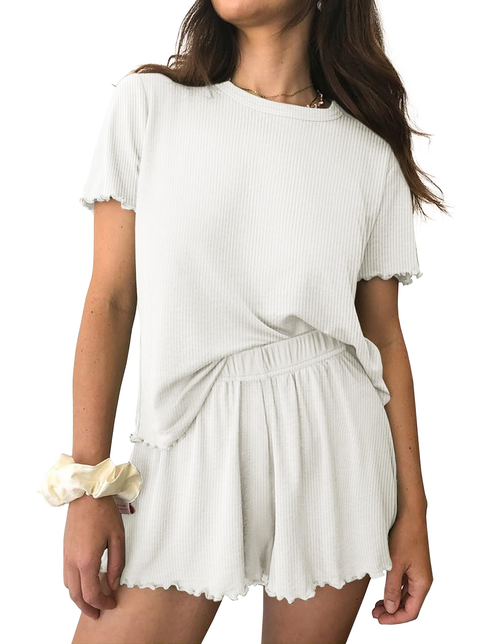 Ekouaer Womens Pajamas 2 Piece Ribbed Knit Pjs Short Sleeve Lounge Sets | Soft Pajama Set with Ruffled cuffs hem, Casual Loungewear Sets, ideal for Home relaxation, Wedding, Party, Daily Wear