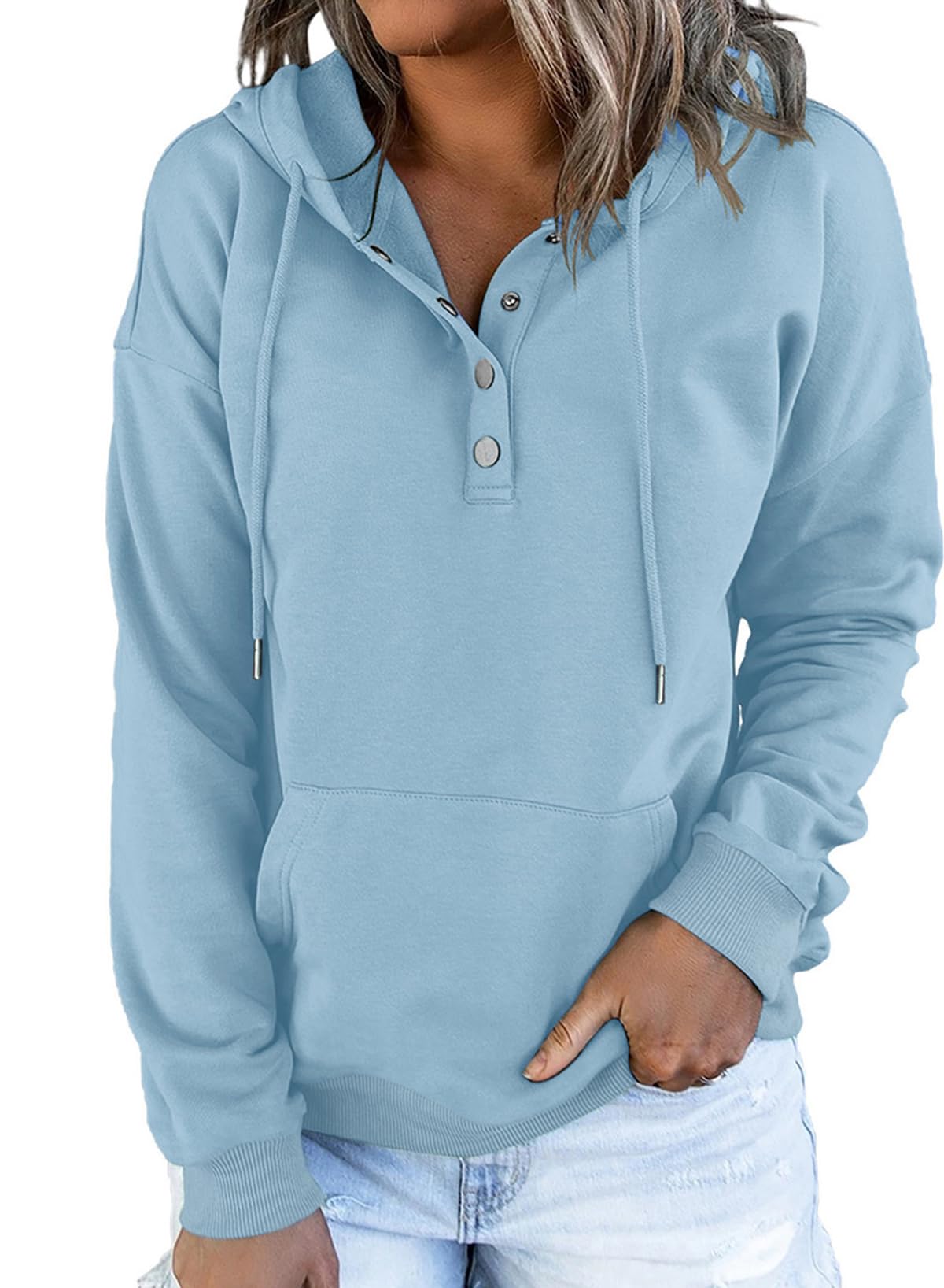 Dokotoo Hoodies for Women Button Collar Drawstring Sweatshirt Hooded Tops | Long Sleeve, Fleece Lined, Pullover Hoodie, Kangaroo Pocket, Fall Outfits Winter Clothes 2026, Casual Travel Workout Outdoor
