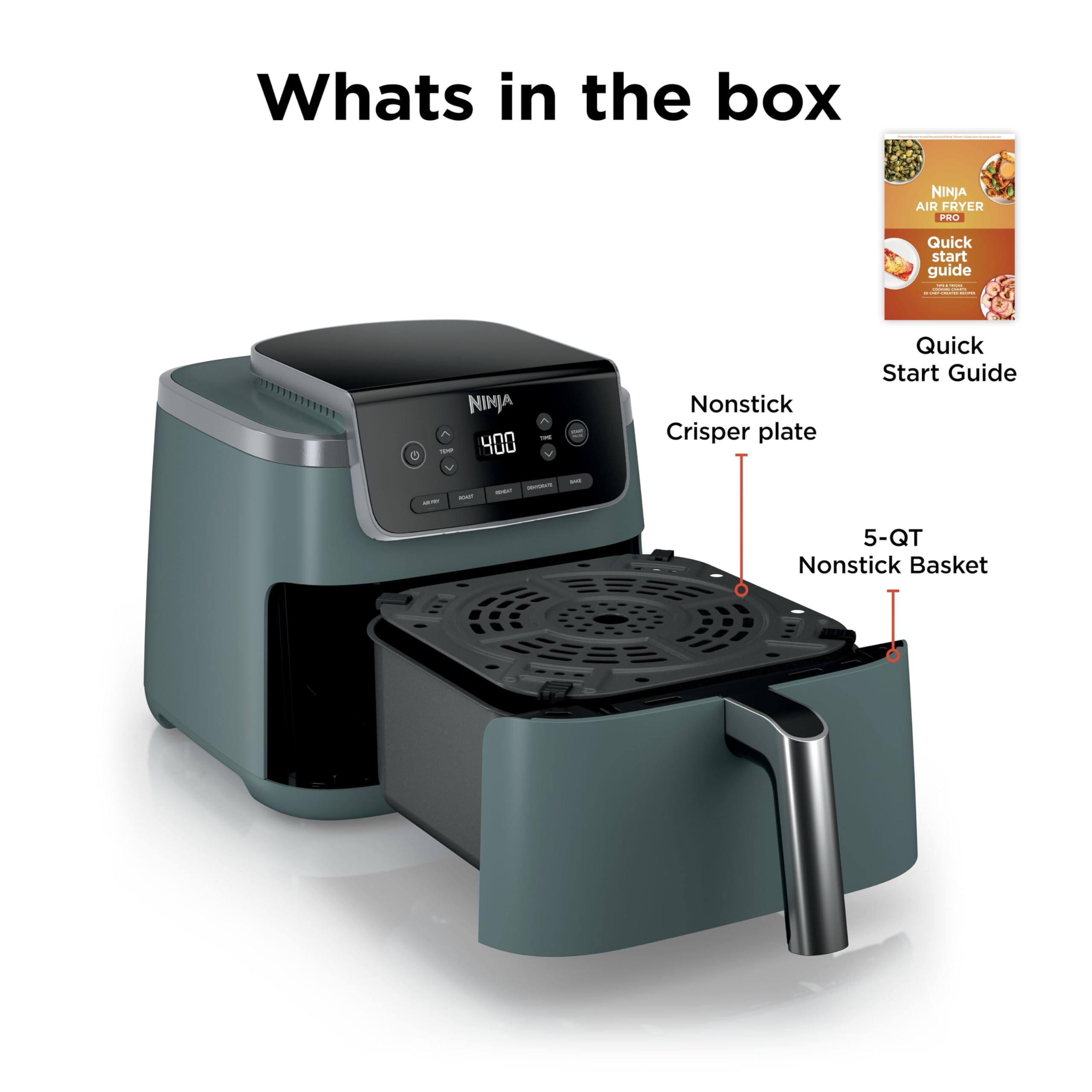 Ninja Air Fryer Pro, 5 Qt, 5-in-1, Grey, AF142 | Air fry, bake, roast, reheat, dehydrate, 1750W, 400F max, Fits 4 lbs fries, Dishwasher-safe