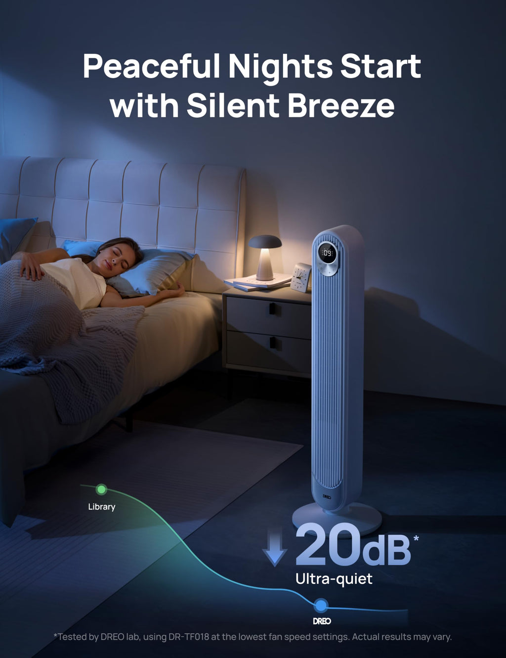 DREO Tower Fan for Bedroom, 28ft/s Velocity, 20dB Ultra Quiet, 8 Speeds | 2026 Upgraded DC Motor, 90° Oscillating, 4 Modes Standing Fan, Bladeless Fan for Indoors, Floor Fans with Remote, Black