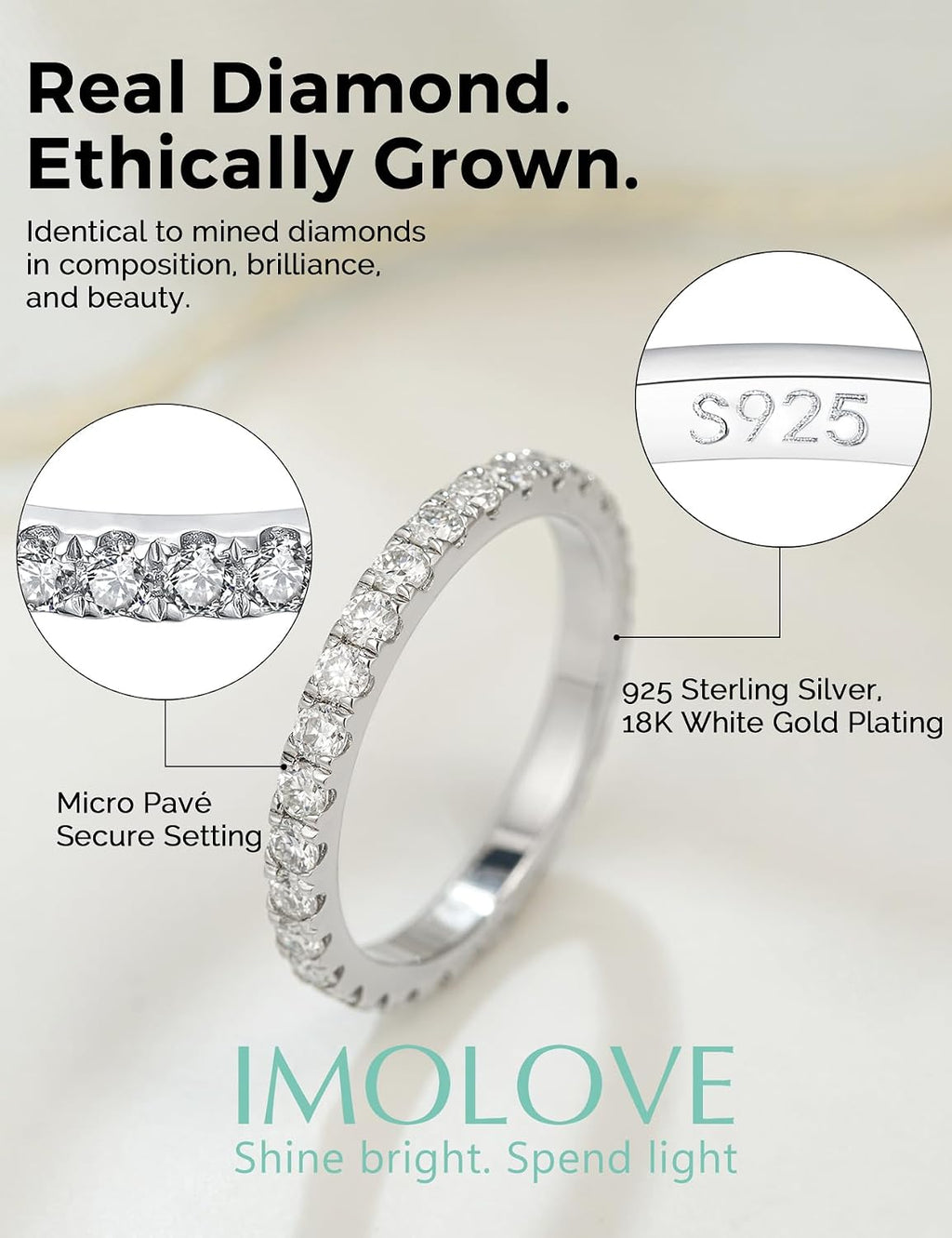 IMOLOVE Lab Grown Diamond Wedding Bands, 0.3-0.42 Carat, Eternity Rings in 18K White Gold & Sterling Silver Size 4-11