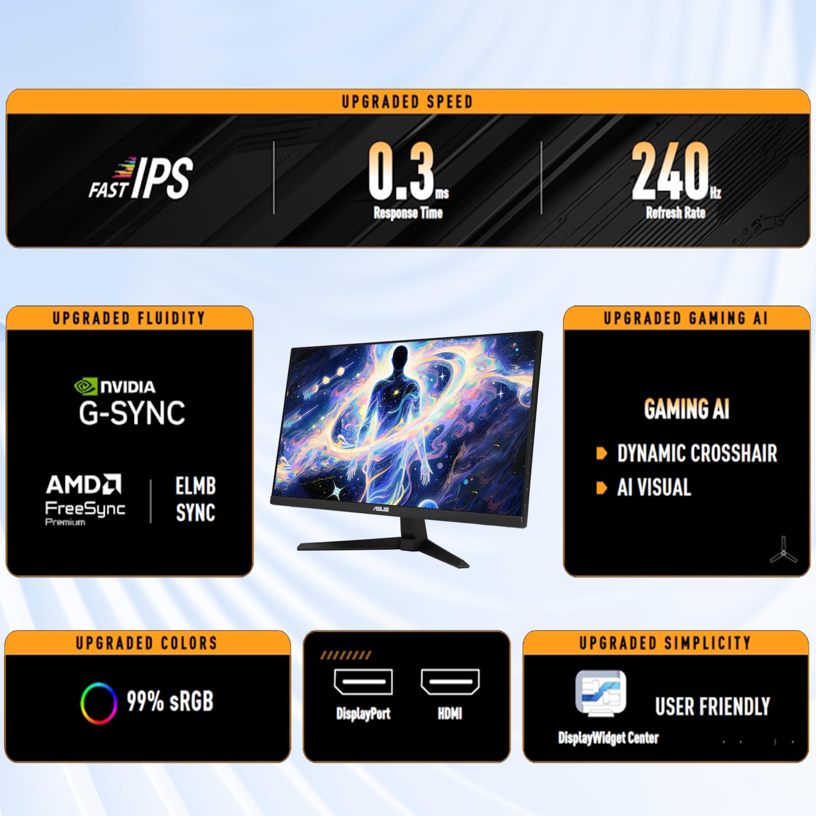 ASUS TUF 24" Gaming Monitor, FHD 1080p, Fast IPS, 240Hz, 0.3ms, AMD FreeSync Premium, G-SYNC Compatible, 99% sRGB, ELMB Sync, Eye Care, DisplayPort, HDMI, VESA Mount, Tilt Adjustment, Black