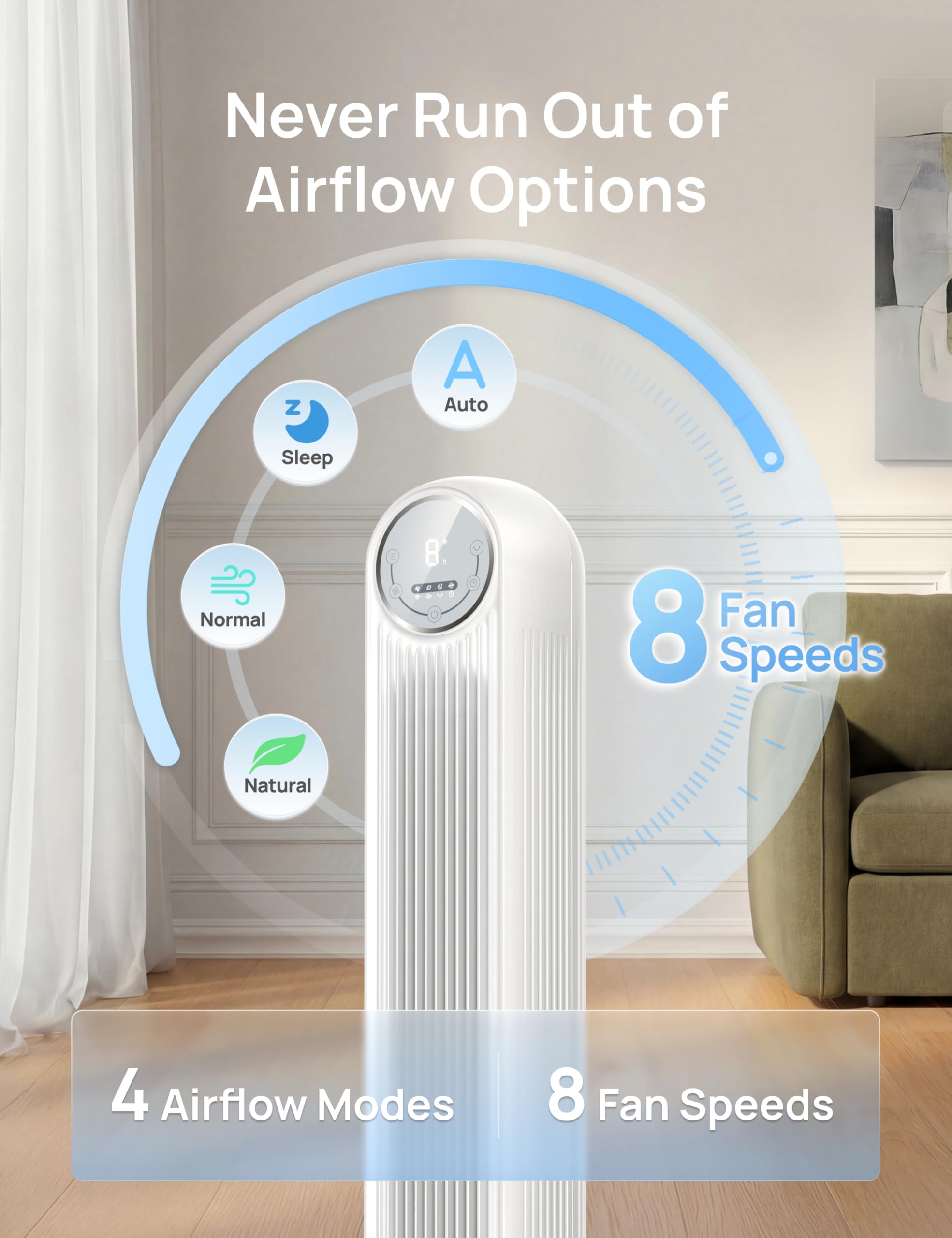 DREO Tower Fan for Bedroom, 28ft/s Velocity, 20dB Ultra Quiet, 8 Speeds | 2026 Upgraded DC Motor, 90° Oscillating, 4 Modes Standing Fan, Bladeless Fan for Indoors, Floor Fans with Remote, Black