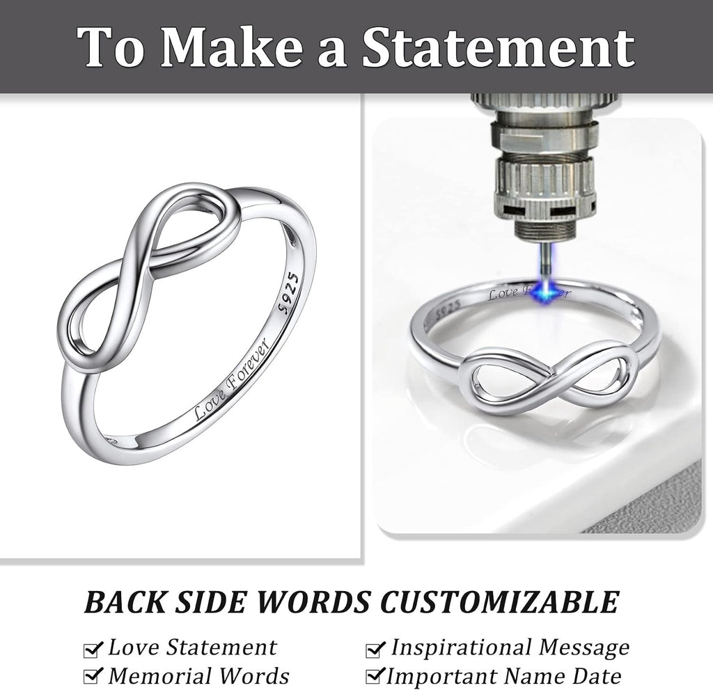 Bestyle Simple S925 Sterling Silver Infinity Rings Cubic Zirconia Rings, Nice Cute BFF Friendship Rings, Dainty Eternity Promise Wedding Bands Perfect Every Day Ring, Size 4-12, Words Engavable