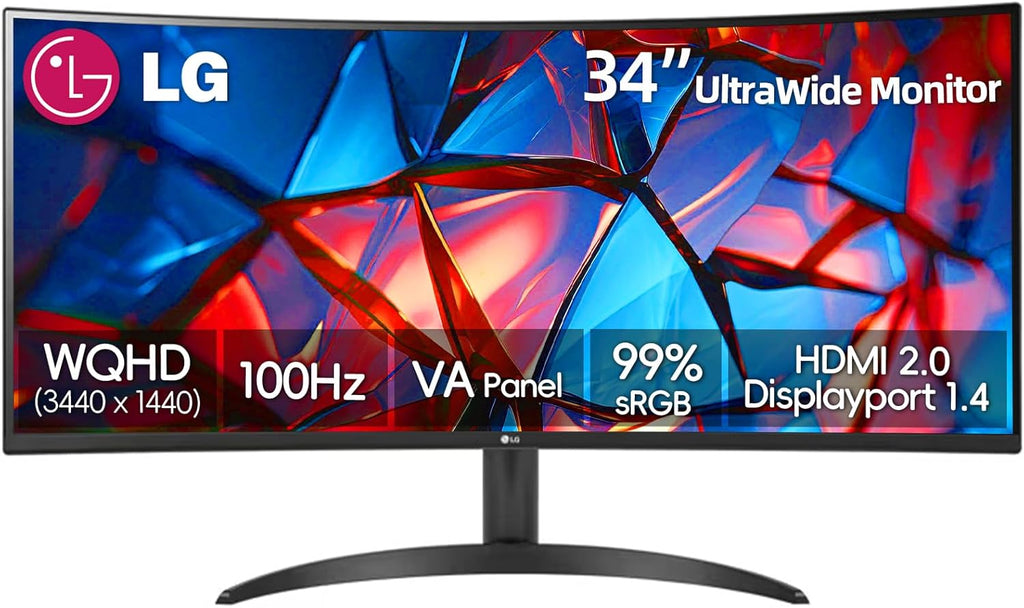 LG 34 Inch UltraWide Monitor, WQHD (3440x1440) Curved Display, 100Hz, sRGB 99%, HDR10, Dynamic Action Sync, Black Stabilizer, PBP, Dual Controller,Auto Input Switch, 1 x DisplayPort, 2 x HDMI, Black