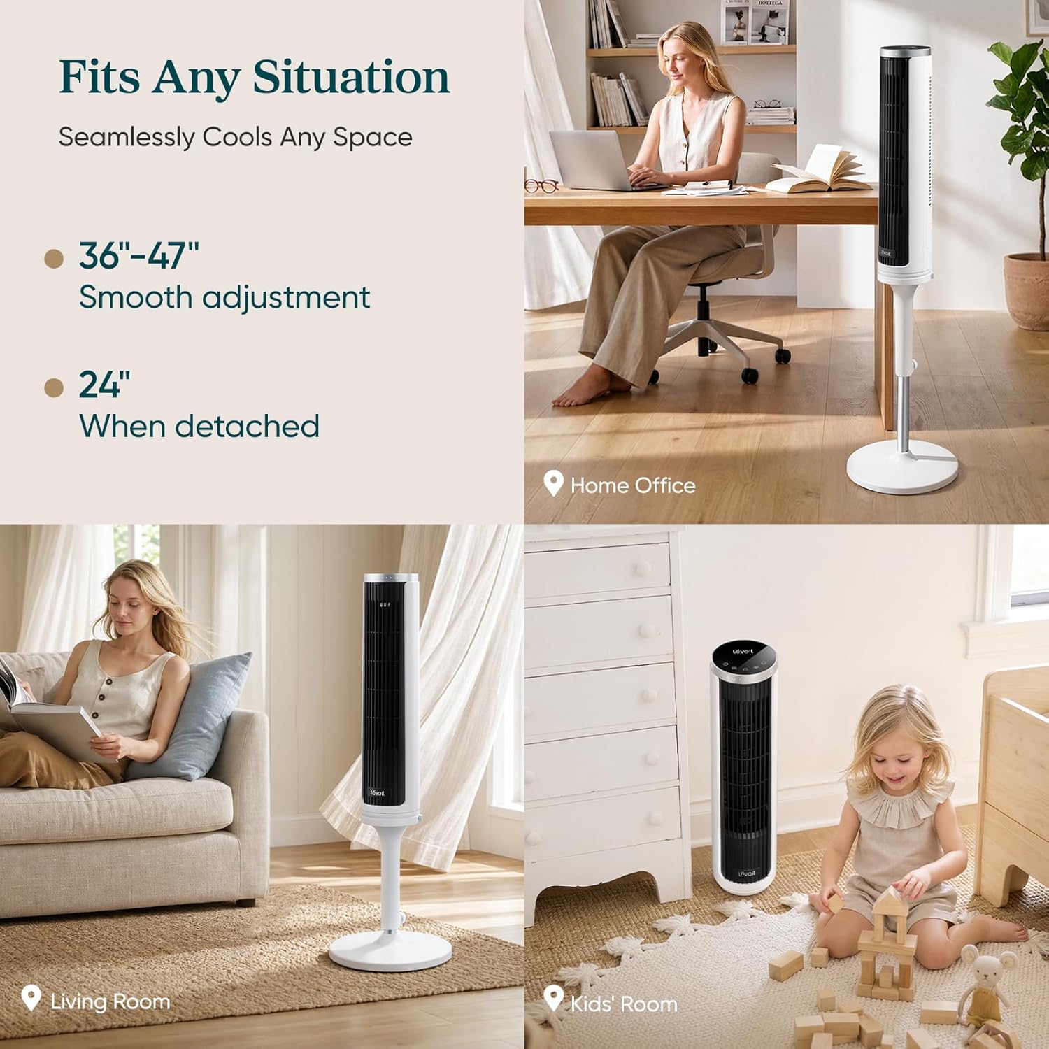 Levoit Tower Fan for Bedroom, 28ft/s Fans that Blow Cold Air, 28dB Quiet | Standing Floor Fan for Room, 90° Oscillating, 5 Speeds 4 Modes & Temp Sensor, Bladeless, 12H Timer, Remoter, 36 inch, White