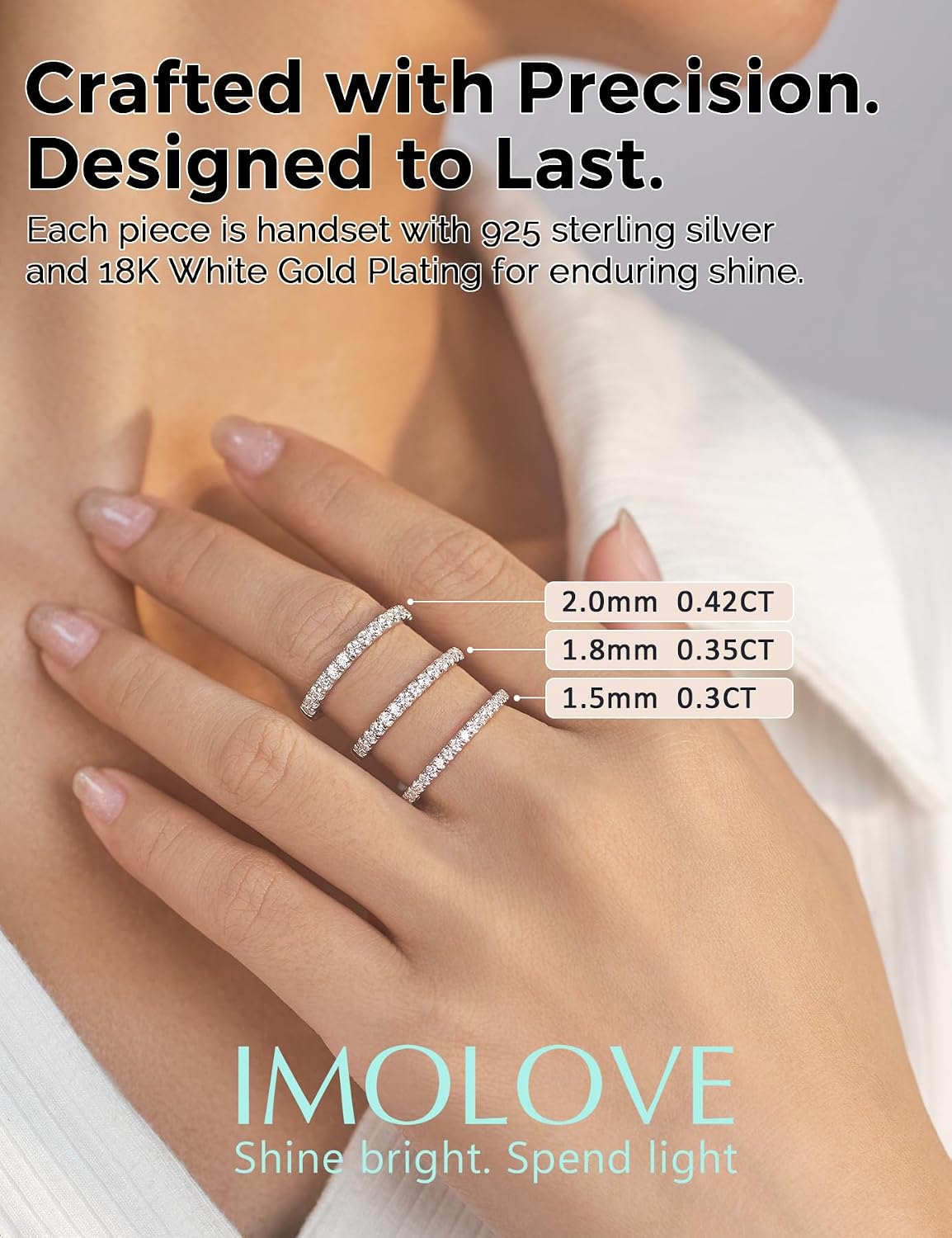 IMOLOVE Lab Grown Diamond Wedding Bands, 0.3-0.42 Carat, Eternity Rings in 18K White Gold & Sterling Silver Size 4-11