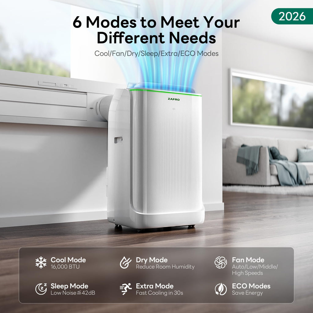 ZAFRO Smart Inverter Portable Air Conditioners, 16000 BTU (12000 BTU SACC) | Dual Hose Portable AC Unit with Energy Saving/Ultra Quiet(42dB)/Drainage-free Cooling/APP/Remote for Multi-Scenario Use