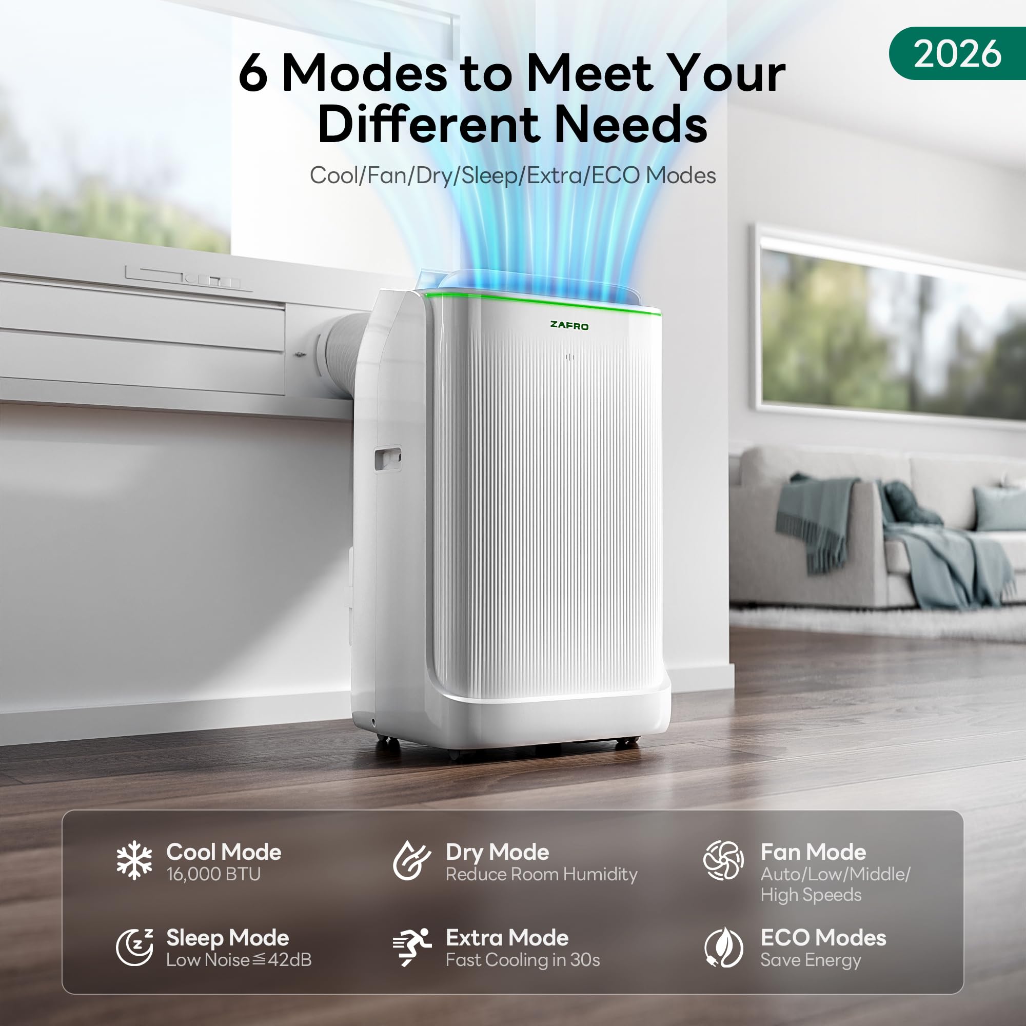 ZAFRO Smart Inverter Portable Air Conditioners, 16000 BTU (12000 BTU SACC) | Dual Hose Portable AC Unit with Energy Saving/Ultra Quiet(42dB)/Drainage-free Cooling/APP/Remote for Multi-Scenario Use