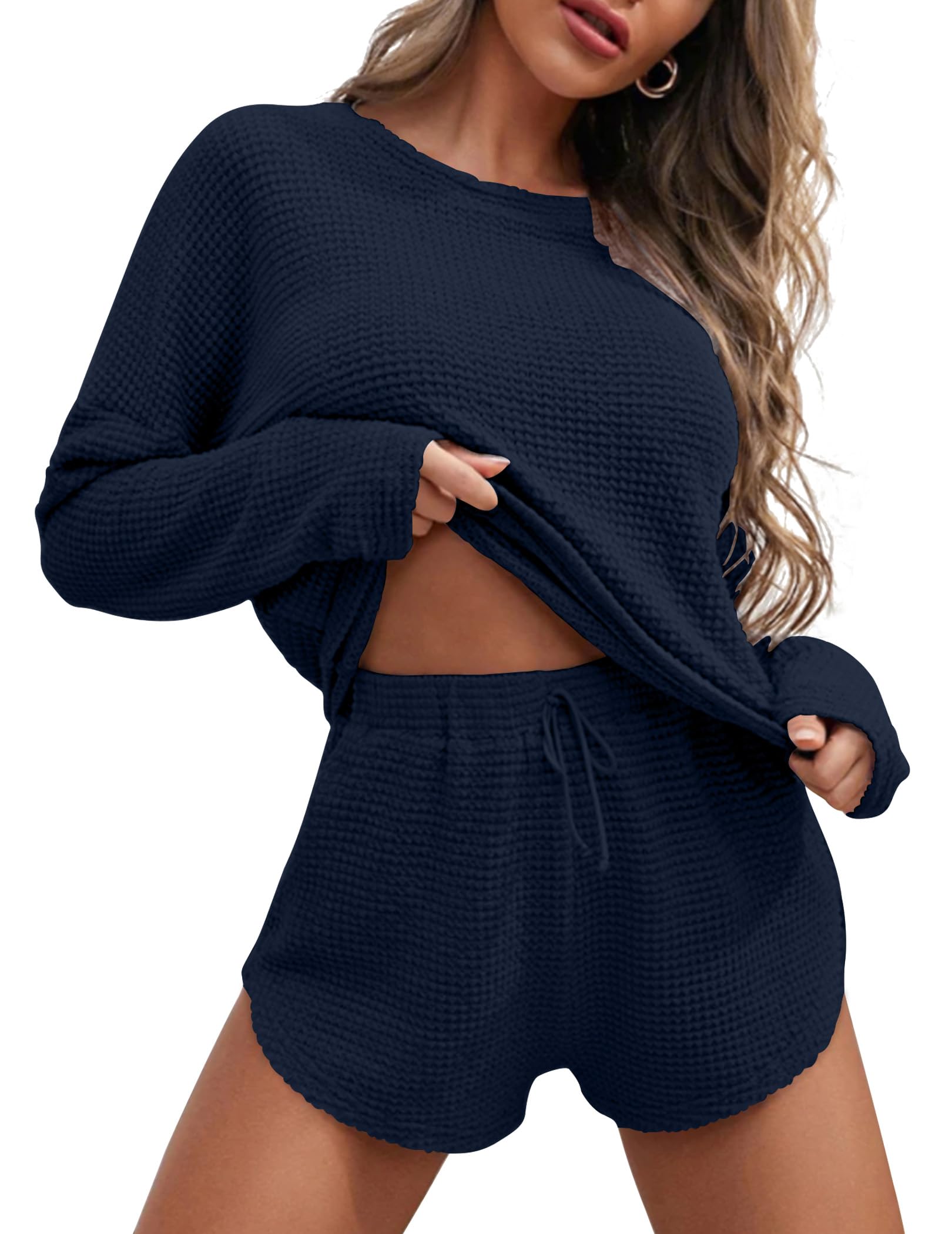 Ekouaer Womens Waffle Knit Pajama Sets Long Sleeve Top and Shorts Matching Lounge Set Loungewear Sweatsuit with Pockets
