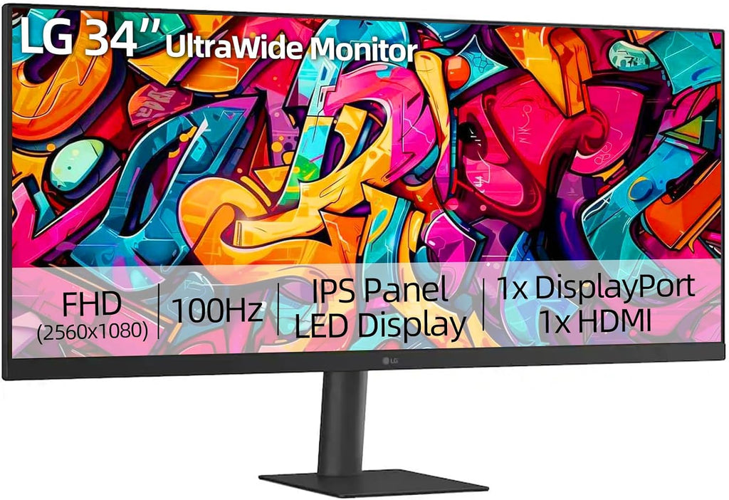 LG 34" UltraWide Monitor, IPS Display, WFHD(2560 x 1080), 100Hz, 5ms, HDR 400, sRGB 99%, HDMI DisplayPort, VESA Mount, Tilt Stand, Built for Multitasking & Productivity
