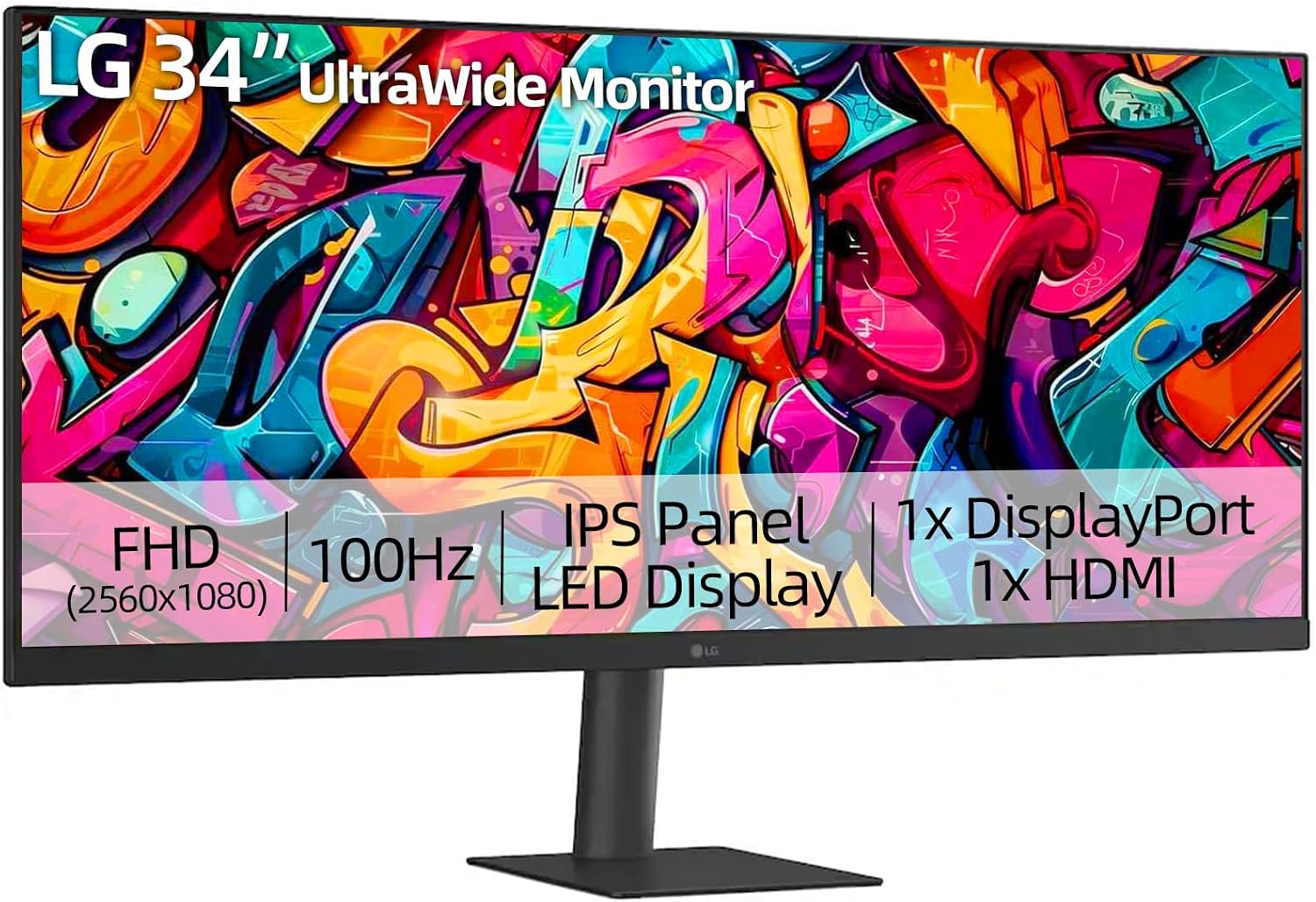 LG 34" UltraWide Monitor, IPS Display, WFHD(2560 x 1080), 100Hz, 5ms, HDR 400, sRGB 99%, HDMI DisplayPort, VESA Mount, Tilt Stand, Built for Multitasking & Productivity