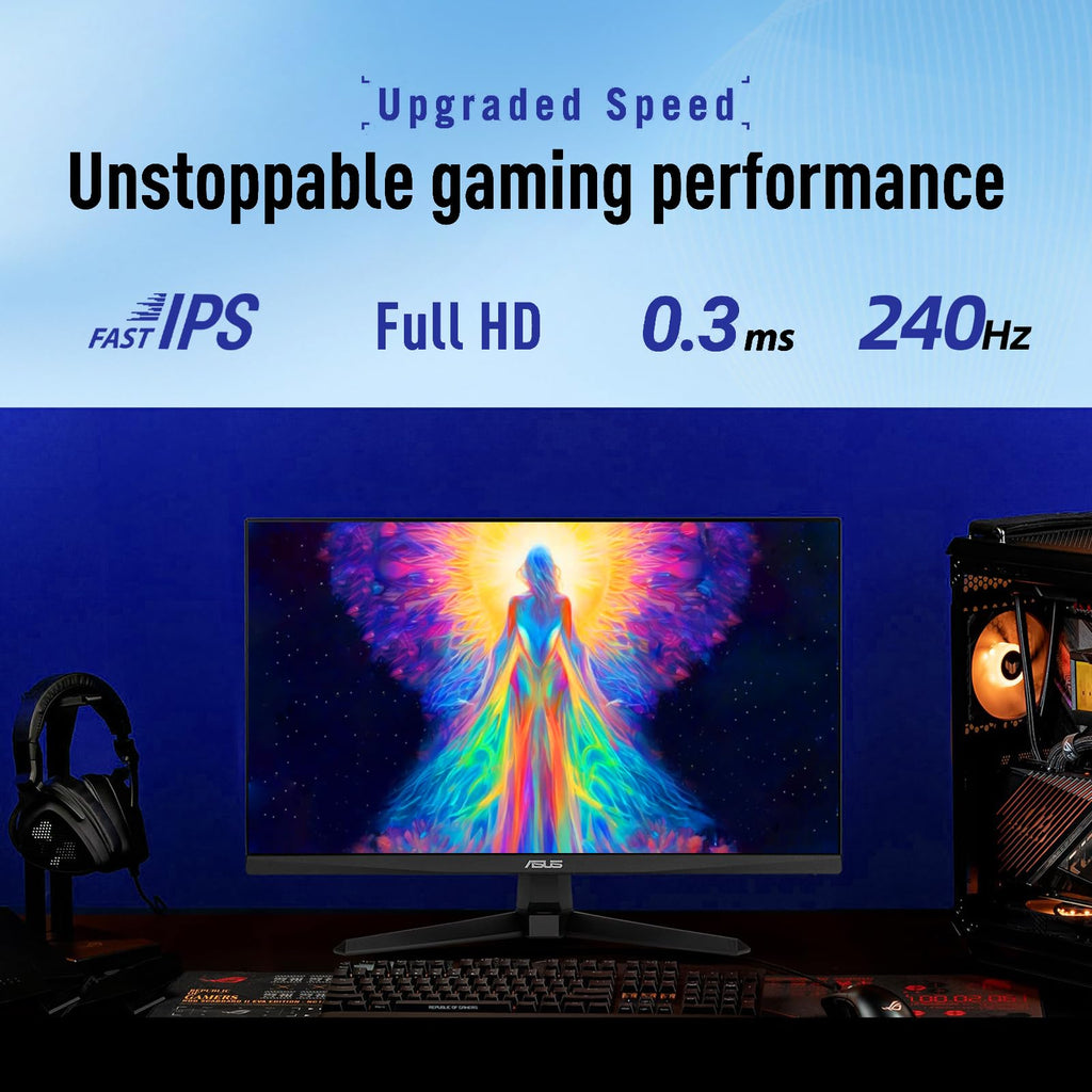 ASUS TUF 24" Gaming Monitor, FHD 1080p, Fast IPS, 240Hz, 0.3ms, AMD FreeSync Premium, G-SYNC Compatible, 99% sRGB, ELMB Sync, Eye Care, DisplayPort, HDMI, VESA Mount, Tilt Adjustment, Black