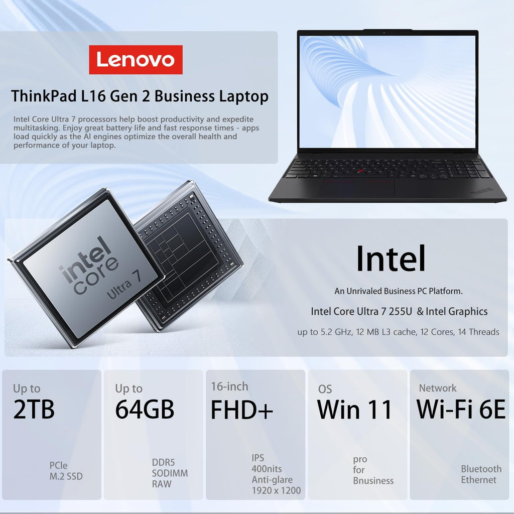 Lenovo ThinkPad L16 Gen 2 Business AI Laptop, 16" FHD+, Intel Core Ultra 7 255U, Customized 16GB-64GB DDR5, 512GB-4TB SSD, HDMI, Fingerprint, Backlit, Wi-Fi 6E, Long Battery Life, Windows 11 Pro