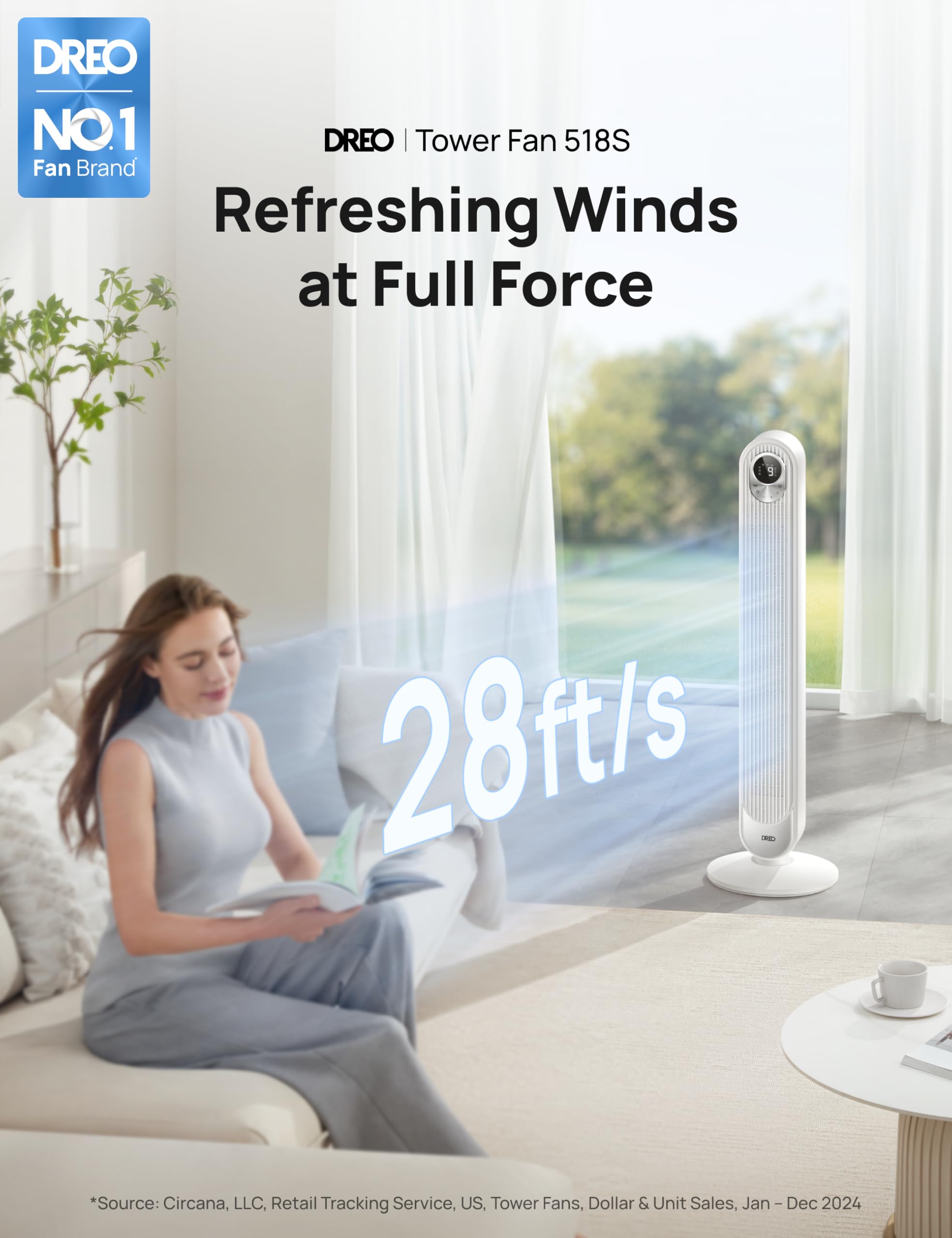DREO Tower Fan for Bedroom, 28ft/s Velocity, 20dB Ultra Quiet, 8 Speeds | 2026 Upgraded DC Motor, 90° Oscillating, 4 Modes Standing Fan, Bladeless Fan for Indoors, Floor Fans with Remote, Black