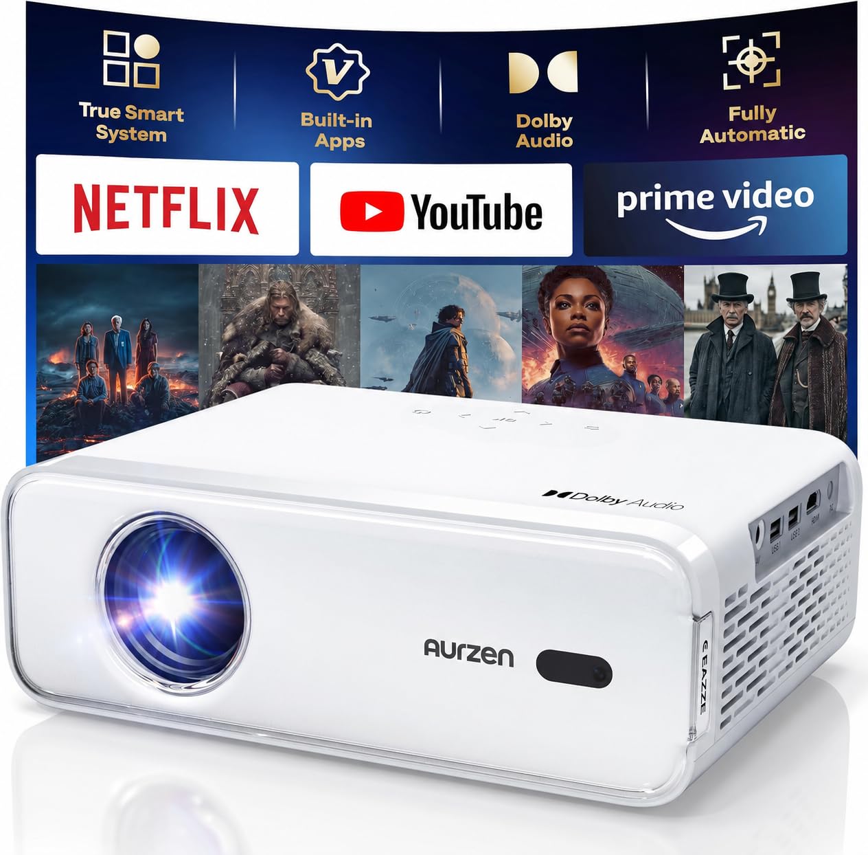Aurzen Roku TV D1R Smart Portable Outdoor Projector with WiFi and Bluetooth | Roku TV Built-in, All Top Apps, 1080P FHD, DoIby Audio, Auto Focus & Keystone, Zoom, Mini Projector for Home & Outdoor Movies