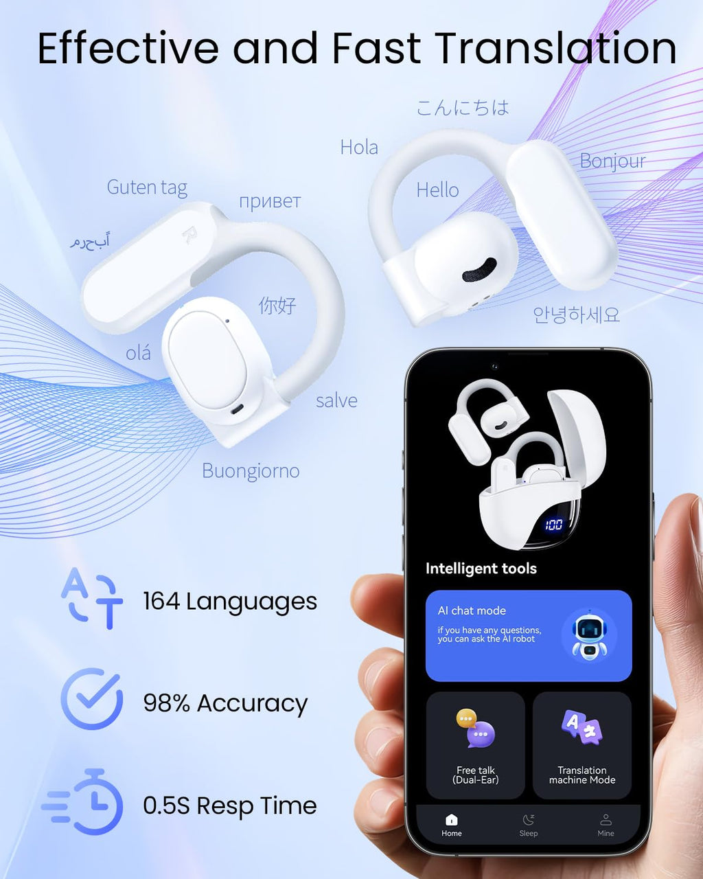AI Translation Earbuds Real Time 164 Languages 80H Playtime Translator Ear Buds Audifonos Traductores Inglés Español Wireless Earphones Bluetooth AI Headphone for Travel Meeting Learning K08 Black