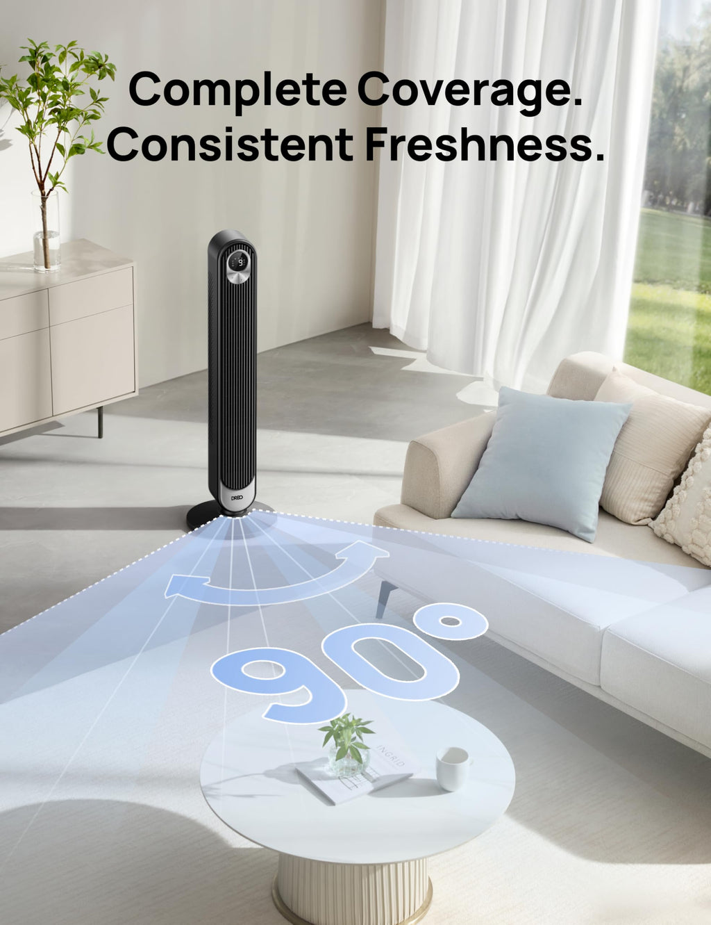 DREO Tower Fan for Bedroom, 28ft/s Velocity, 20dB Ultra Quiet, 8 Speeds | 2026 Upgraded DC Motor, 90° Oscillating, 4 Modes Standing Fan, Bladeless Fan for Indoors, Floor Fans with Remote, Black