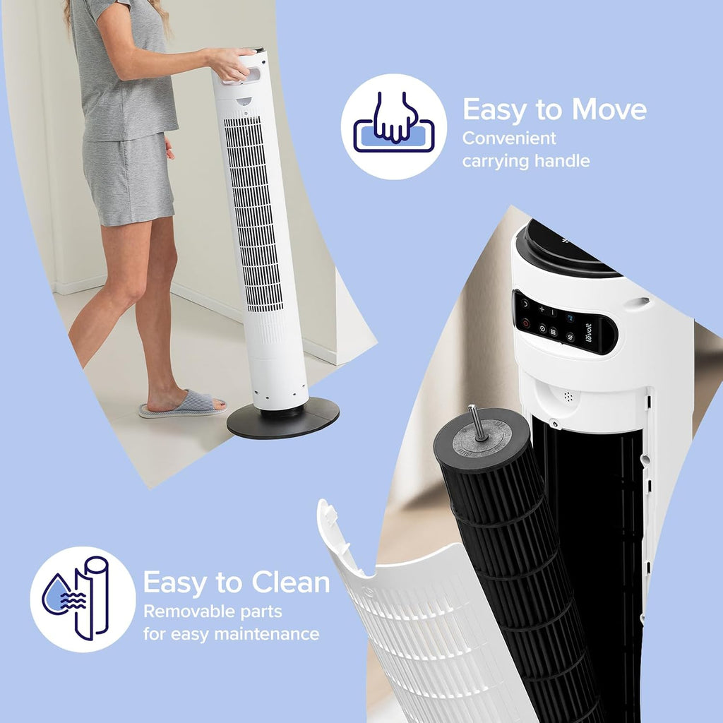 Levoit Tower Fan for Bedroom, 28ft/s Fans that Blow Cold Air, 28dB Quiet | Standing Floor Fan for Room, 90° Oscillating, 5 Speeds 4 Modes & Temp Sensor, Bladeless, 12H Timer, Remoter, 36 inch, White