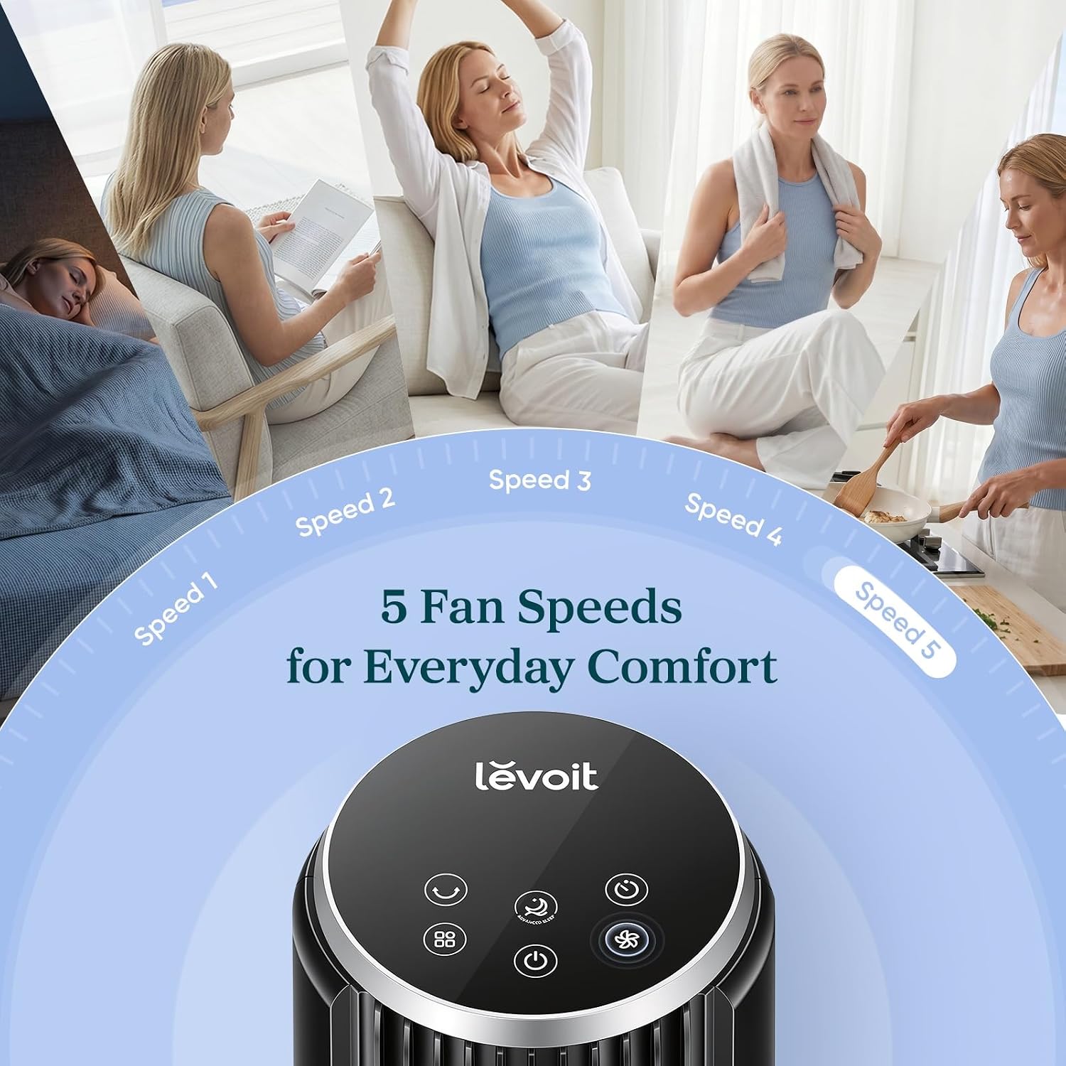 Levoit Tower Fan for Bedroom, 28ft/s Fans that Blow Cold Air, 28dB Quiet | Standing Floor Fan for Room, 90° Oscillating, 5 Speeds 4 Modes & Temp Sensor, Bladeless, 12H Timer, Remoter, 36 inch, White