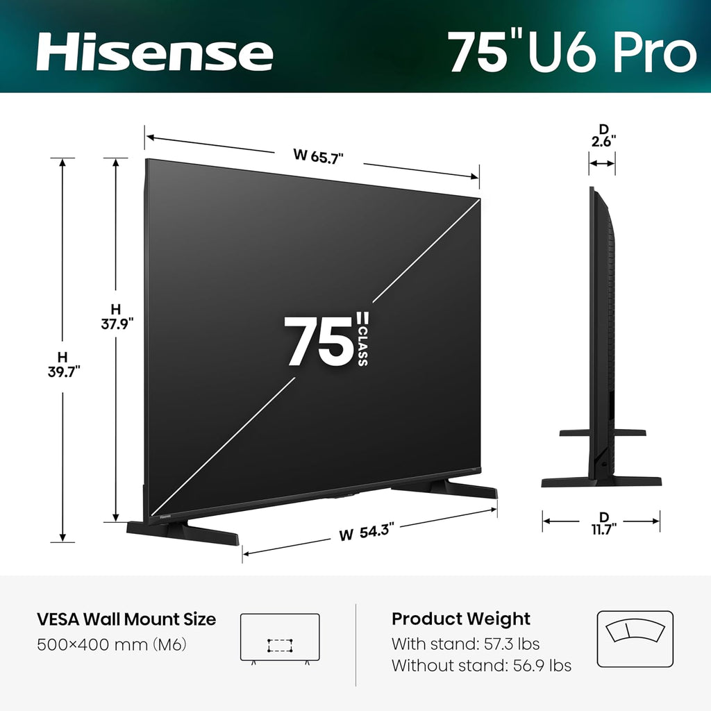 Hisense 75" U6 Pro Series Mini‑LED ULED 4K UHD HDR Gaming AI Smart Fire TV (75U6SF Pro, 2026 New) – Hi-QLED, Native 144Hz, Motion Rate 480, Dolby Vision IQ · Atmos, HDR10+, Glare-Free, Alexa+
