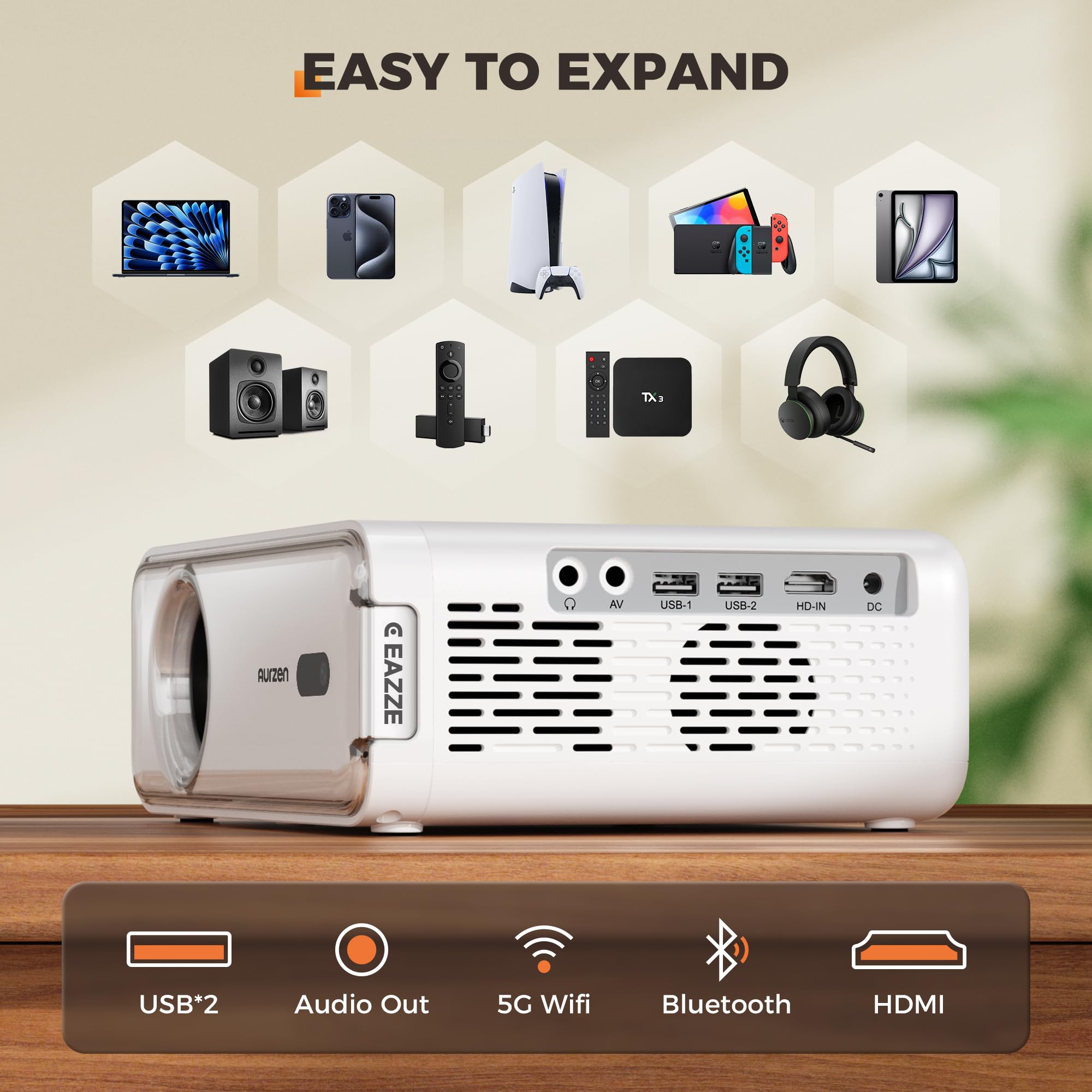 Aurzen Roku TV D1R Smart Portable Outdoor Projector with WiFi and Bluetooth | Roku TV Built-in, All Top Apps, 1080P FHD, DoIby Audio, Auto Focus & Keystone, Zoom, Mini Projector for Home & Outdoor Movies