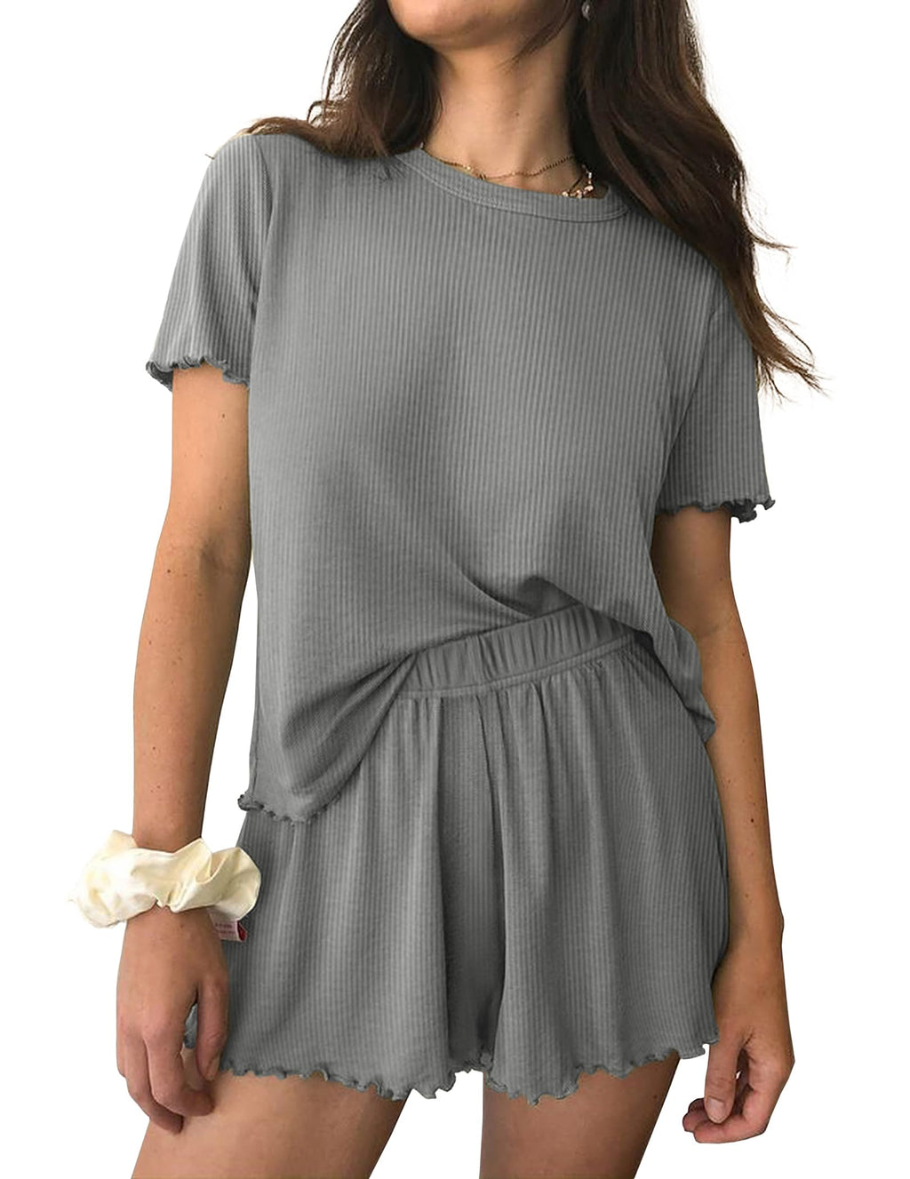 Ekouaer Womens Pajamas 2 Piece Ribbed Knit Pjs Short Sleeve Lounge Sets | Soft Pajama Set with Ruffled cuffs hem, Casual Loungewear Sets, ideal for Home relaxation, Wedding, Party, Daily Wear