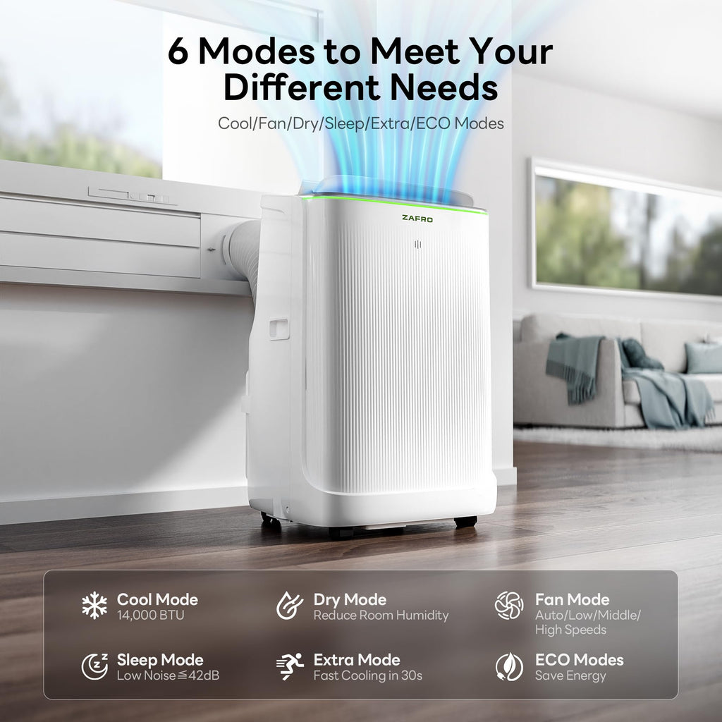 ZAFRO Smart Inverter Portable Air Conditioners, 16000 BTU (12000 BTU SACC) | Dual Hose Portable AC Unit with Energy Saving/Ultra Quiet(42dB)/Drainage-free Cooling/APP/Remote for Multi-Scenario Use