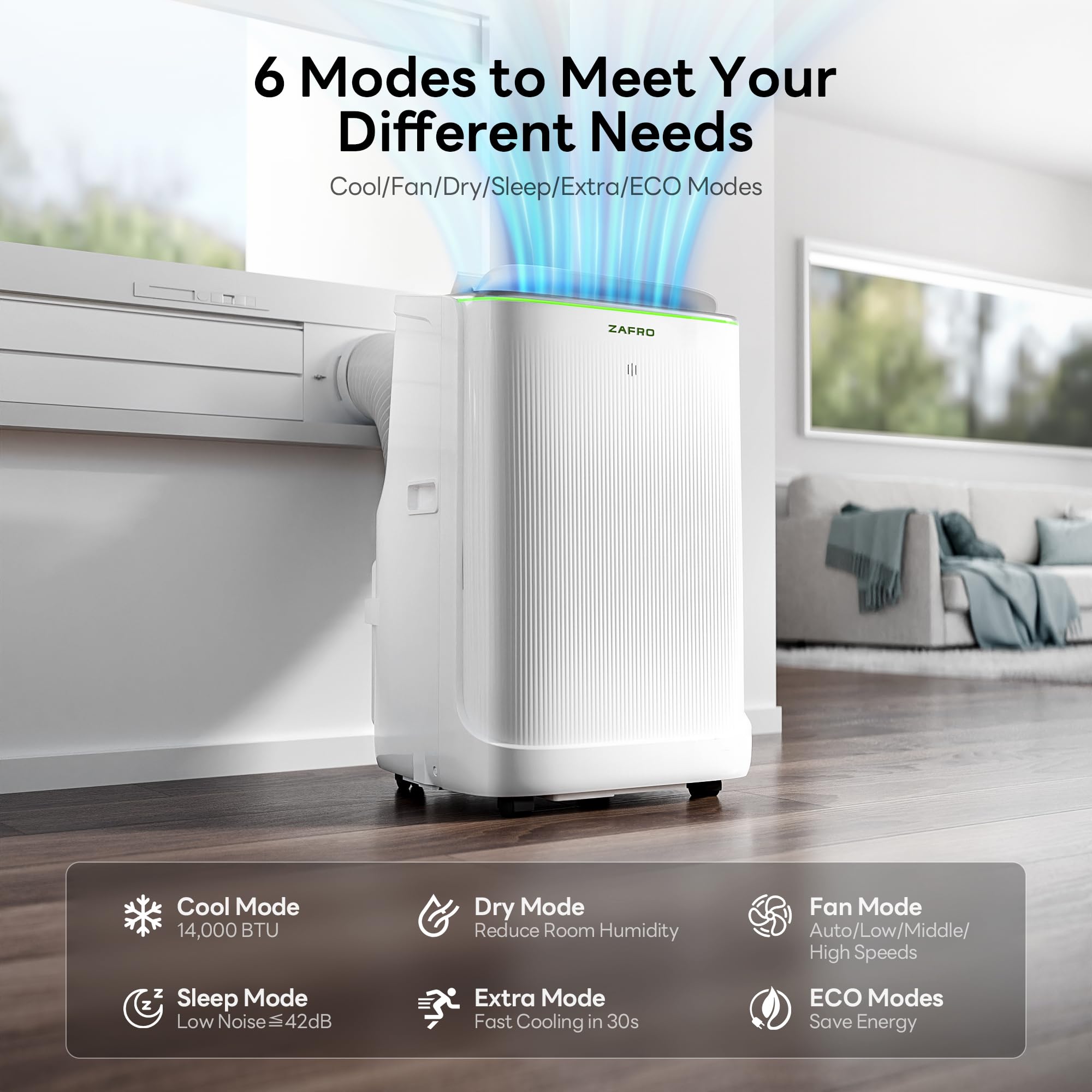 ZAFRO Smart Inverter Portable Air Conditioners, 16000 BTU (12000 BTU SACC) | Dual Hose Portable AC Unit with Energy Saving/Ultra Quiet(42dB)/Drainage-free Cooling/APP/Remote for Multi-Scenario Use