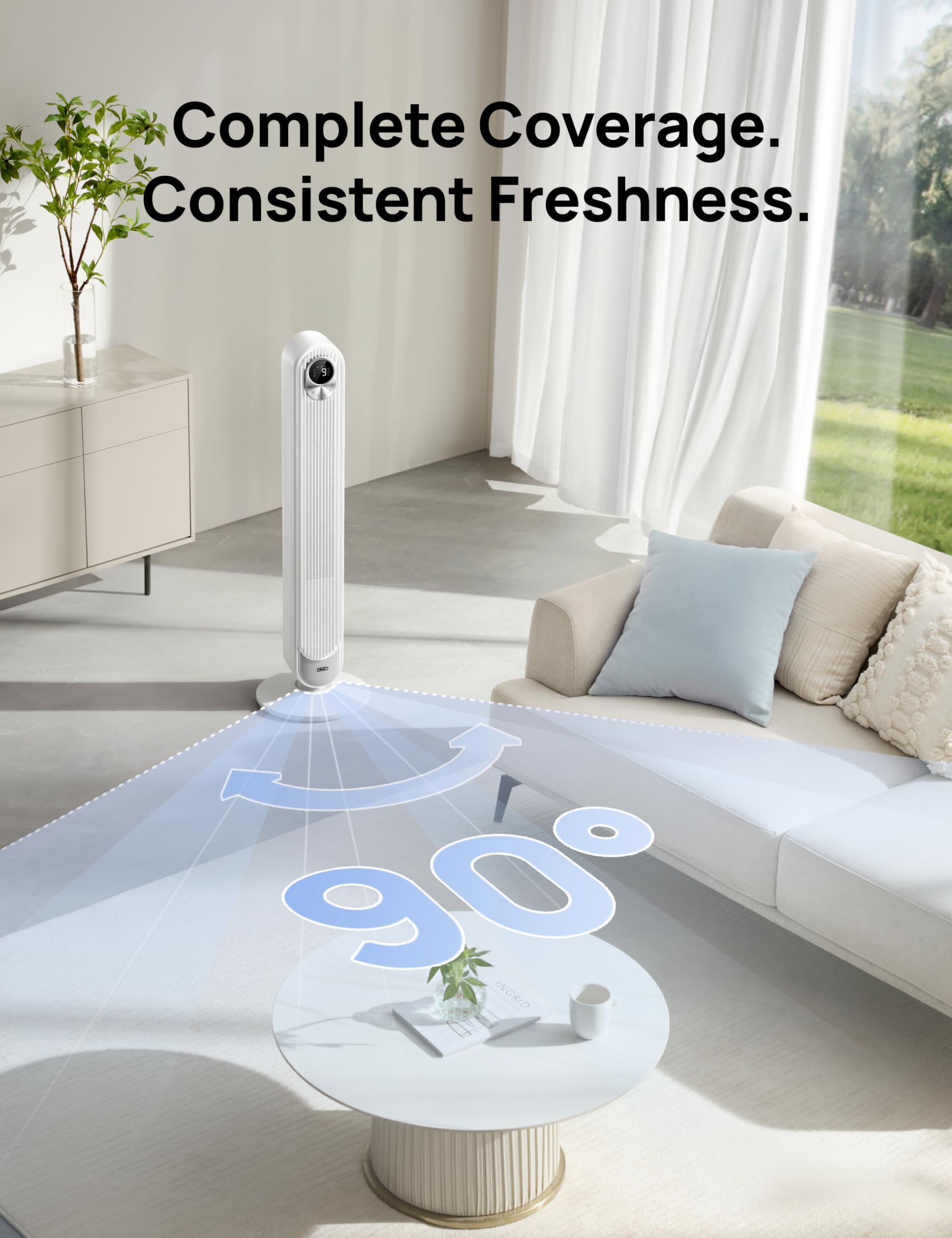 DREO Tower Fan for Bedroom, 28ft/s Velocity, 20dB Ultra Quiet, 8 Speeds | 2026 Upgraded DC Motor, 90° Oscillating, 4 Modes Standing Fan, Bladeless Fan for Indoors, Floor Fans with Remote, Black