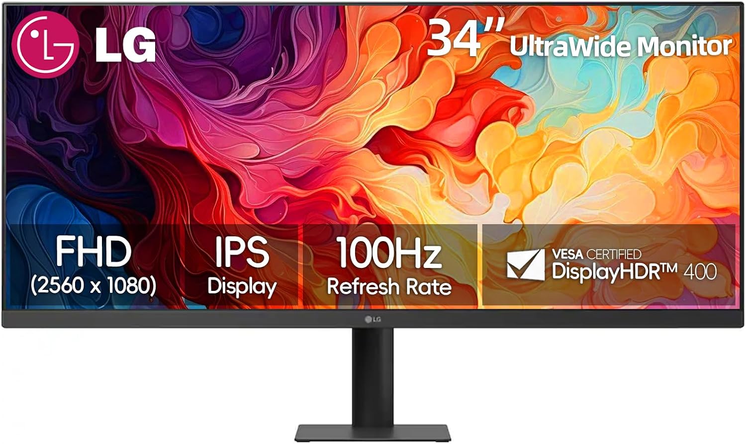 LG 34 Inch UltraWide Monitor, WQHD (3440x1440) Curved Display, 100Hz, sRGB 99%, HDR10, Dynamic Action Sync, Black Stabilizer, PBP, Dual Controller,Auto Input Switch, 1 x DisplayPort, 2 x HDMI, Black