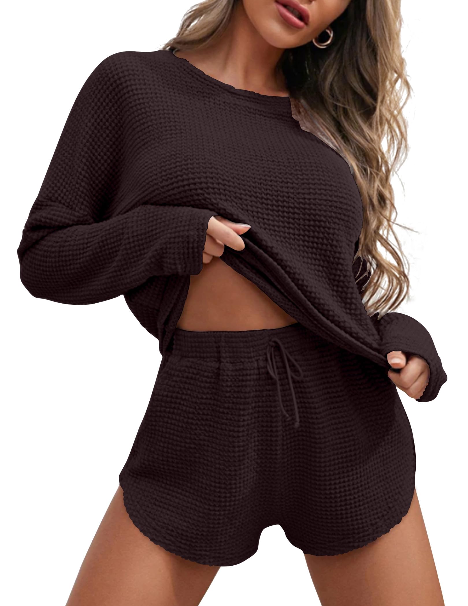 Ekouaer Womens Waffle Knit Pajama Sets Long Sleeve Top and Shorts Matching Lounge Set Loungewear Sweatsuit with Pockets