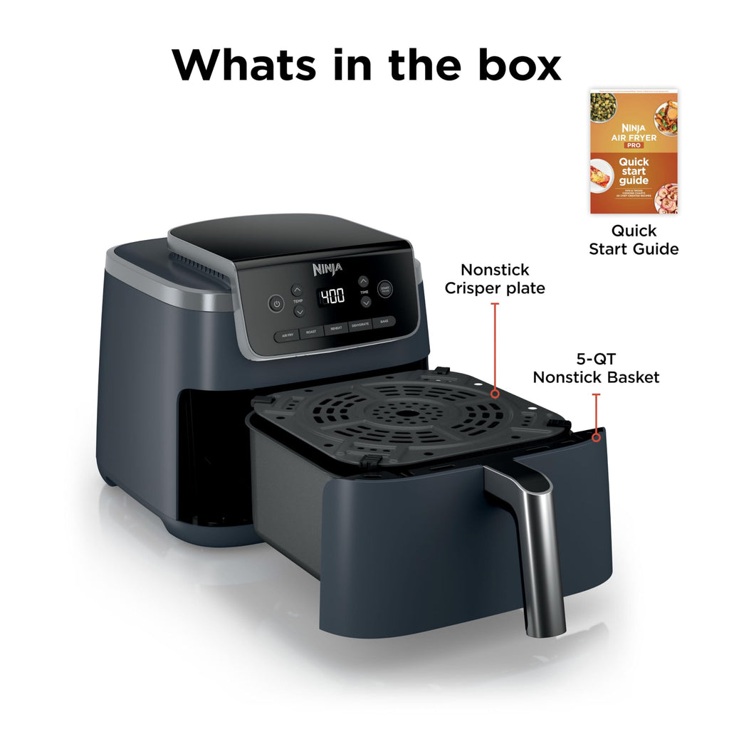 Ninja Air Fryer Pro, 5 Qt, 5-in-1, Grey, AF142 | Air fry, bake, roast, reheat, dehydrate, 1750W, 400F max, Fits 4 lbs fries, Dishwasher-safe