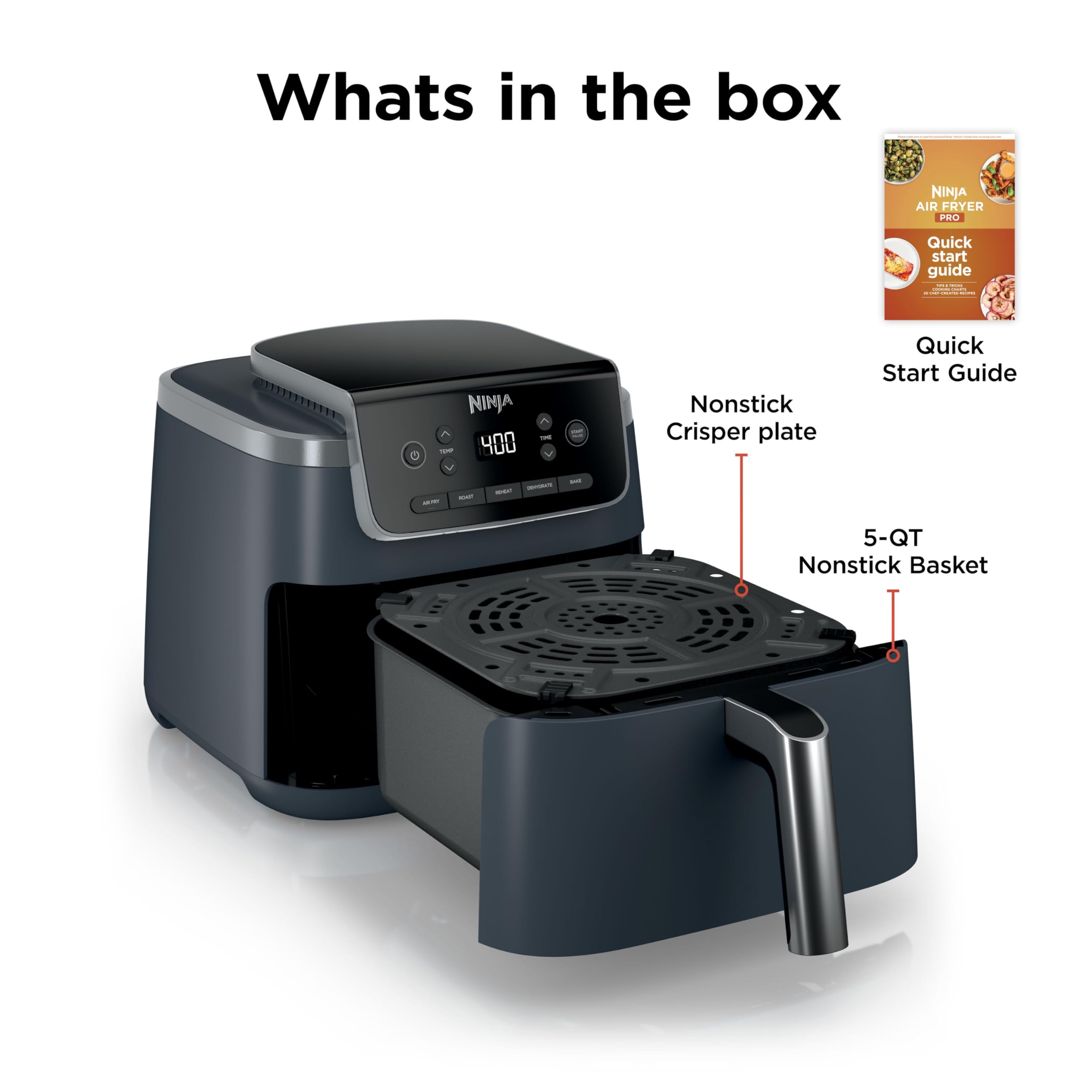Ninja Air Fryer Pro, 5 Qt, 5-in-1, Grey, AF142 | Air fry, bake, roast, reheat, dehydrate, 1750W, 400F max, Fits 4 lbs fries, Dishwasher-safe