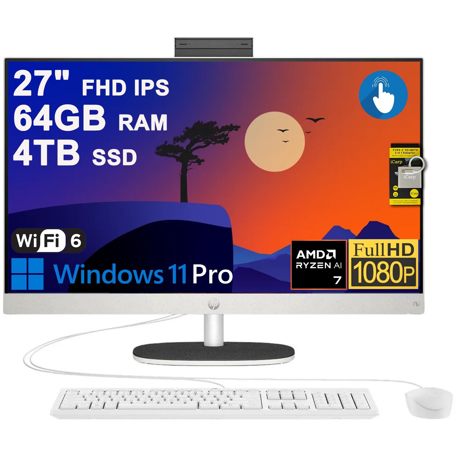 HP 27 AIO Desktop Computer 27" FHD IPS Anti-Glare Touchscreen (99% sRGB) AMD 8-core Ryzen AI 7 350 (Up to 50 NPU Tops) 32GB RAM 2TB SSD for Creator Designer Business Professional Work Win11 ICP Hub