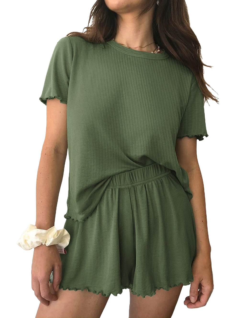 Ekouaer Womens Pajamas 2 Piece Ribbed Knit Pjs Short Sleeve Lounge Sets | Soft Pajama Set with Ruffled cuffs hem, Casual Loungewear Sets, ideal for Home relaxation, Wedding, Party, Daily Wear