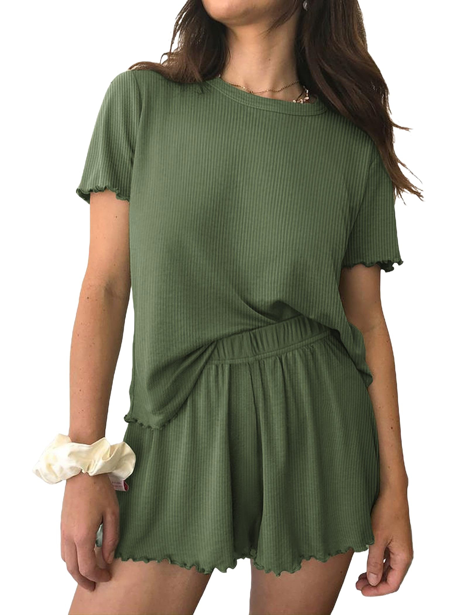 Ekouaer Womens Pajamas 2 Piece Ribbed Knit Pjs Short Sleeve Lounge Sets | Soft Pajama Set with Ruffled cuffs hem, Casual Loungewear Sets, ideal for Home relaxation, Wedding, Party, Daily Wear