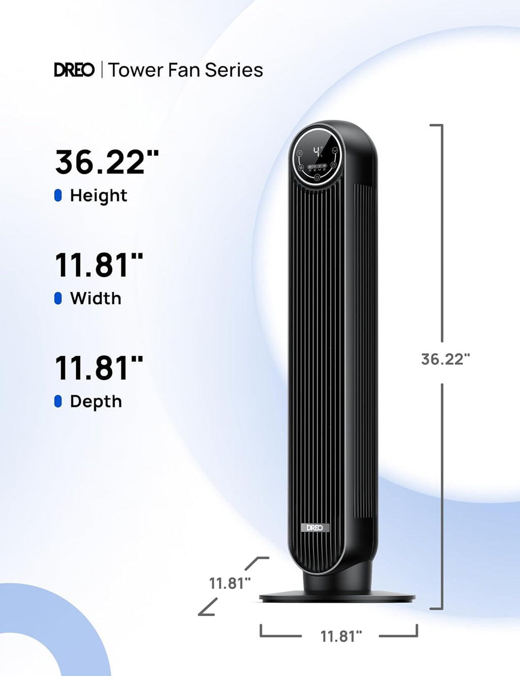 DREO Tower Fan for Bedroom, 28ft/s Velocity, 20dB Ultra Quiet, 8 Speeds | 2026 Upgraded DC Motor, 90° Oscillating, 4 Modes Standing Fan, Bladeless Fan for Indoors, Floor Fans with Remote, Black