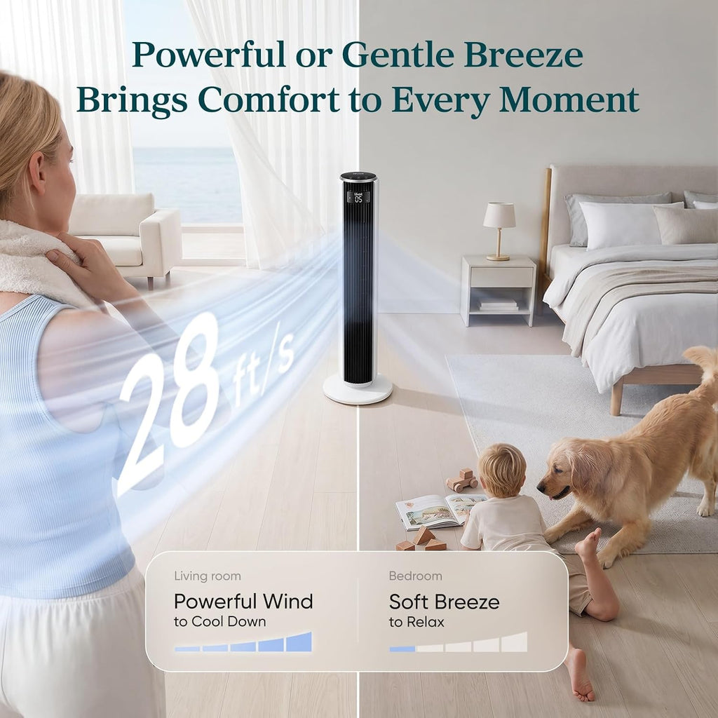 Levoit Tower Fan for Bedroom, 28ft/s Fans that Blow Cold Air, 28dB Quiet | Standing Floor Fan for Room, 90° Oscillating, 5 Speeds 4 Modes & Temp Sensor, Bladeless, 12H Timer, Remoter, 36 inch, White