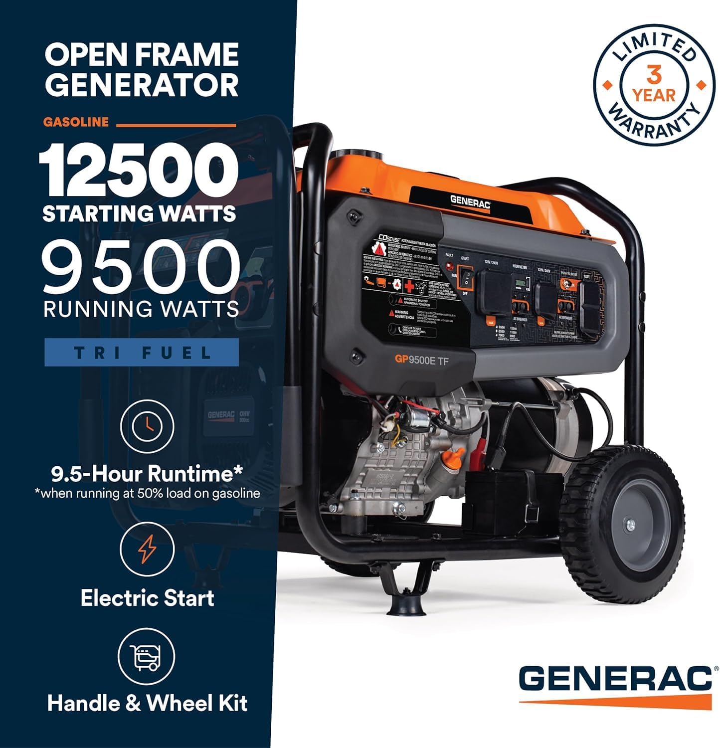 Generac 12,500 Starting Watt Tri-Fuel Portable Generator, Electric Start | Gas, Propane, Or Natural Gas Fuel Options, COsense CO Detection, 9.5 Hour Runtime, Emergency Home Backup, 49 State Compliant