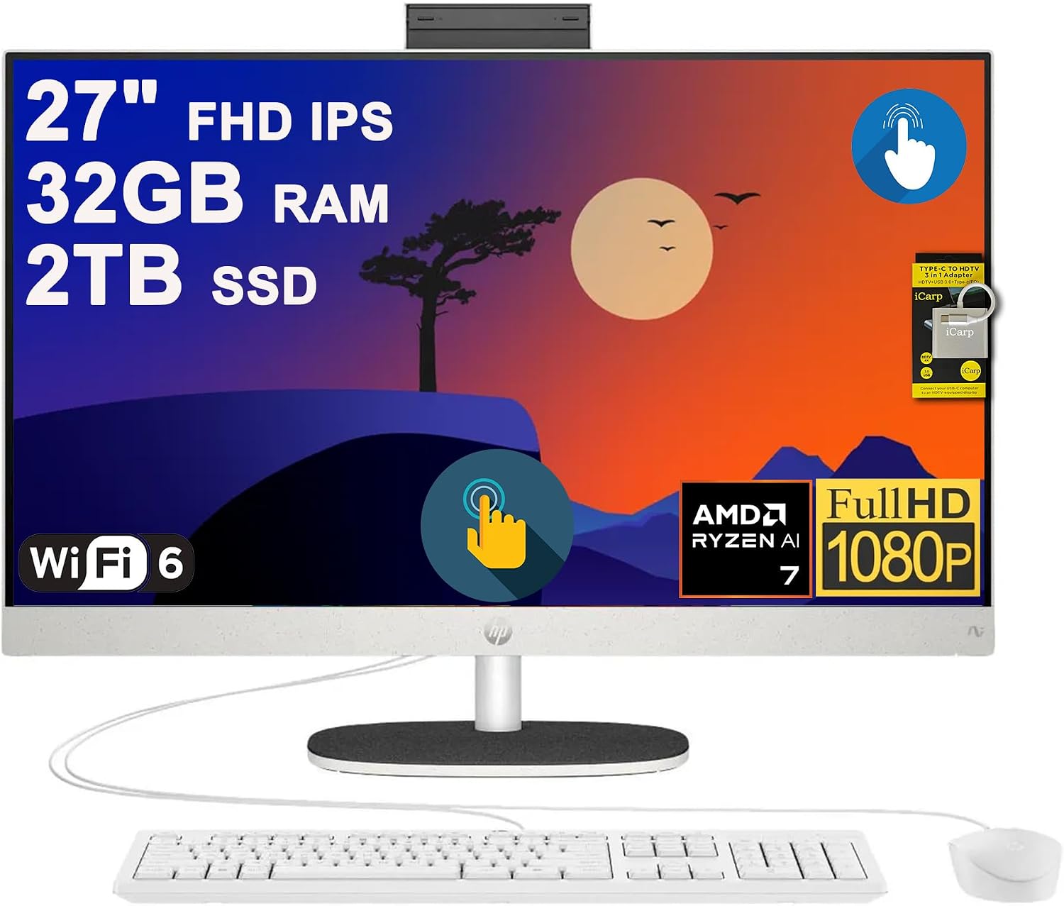 HP 27 AIO Desktop Computer 27" FHD IPS Anti-Glare Touchscreen (99% sRGB) AMD 8-core Ryzen AI 7 350 (Up to 50 NPU Tops) 32GB RAM 2TB SSD for Creator Designer Business Professional Work Win11 ICP Hub