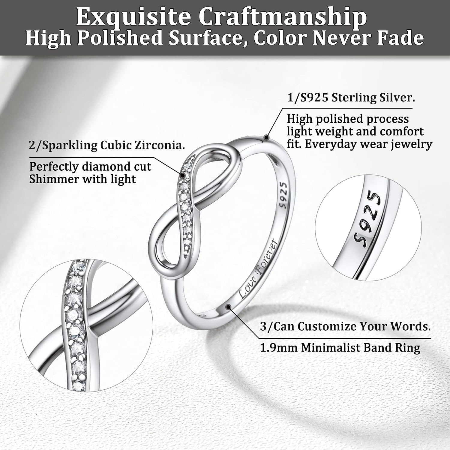 Bestyle Simple S925 Sterling Silver Infinity Rings Cubic Zirconia Rings, Nice Cute BFF Friendship Rings, Dainty Eternity Promise Wedding Bands Perfect Every Day Ring, Size 4-12, Words Engavable
