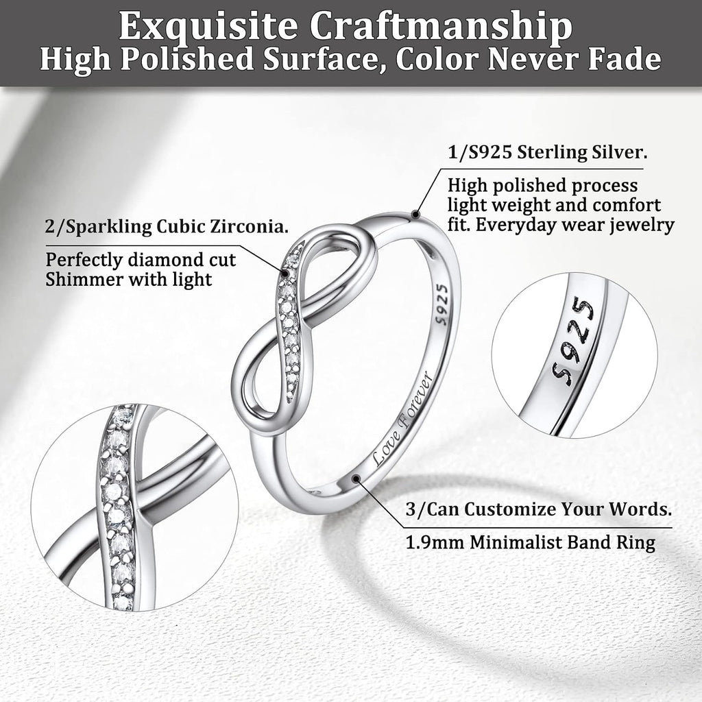 Bestyle Simple S925 Sterling Silver Infinity Rings Cubic Zirconia Rings, Nice Cute BFF Friendship Rings, Dainty Eternity Promise Wedding Bands Perfect Every Day Ring, Size 4-12, Words Engavable