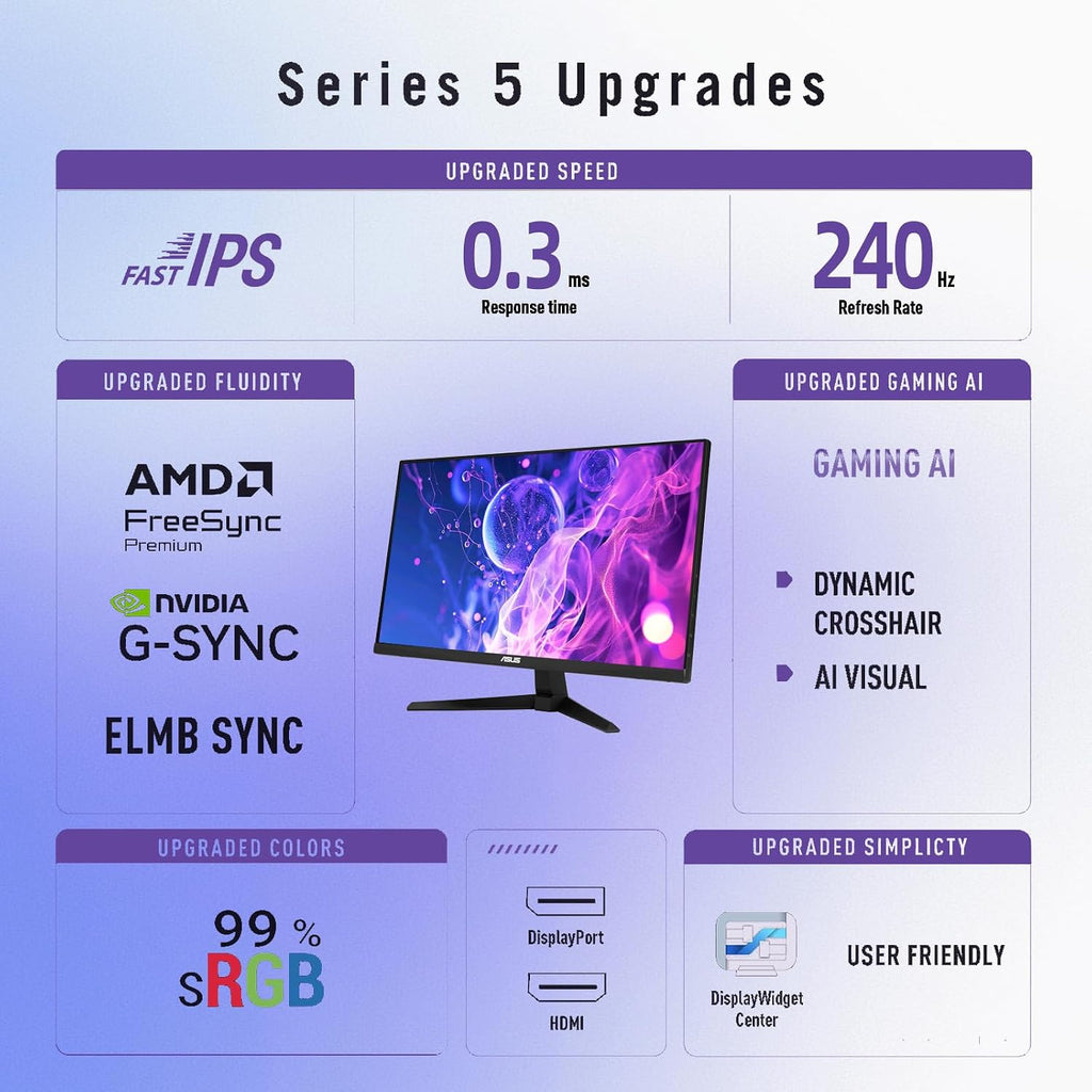 ASUS TUF 24" Gaming Monitor, FHD 1080p, Fast IPS, 240Hz, 0.3ms, AMD FreeSync Premium, G-SYNC Compatible, 99% sRGB, ELMB Sync, Eye Care, DisplayPort, HDMI, VESA Mount, Tilt Adjustment, Black