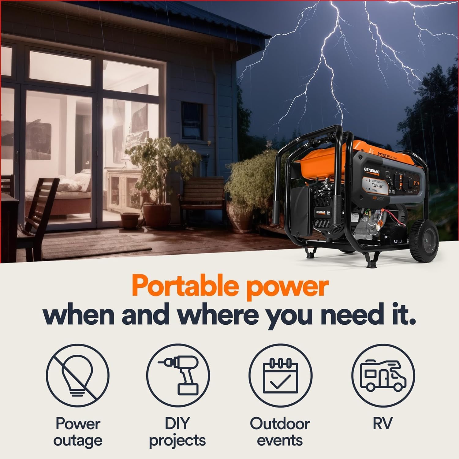 Generac 12,500 Starting Watt Tri-Fuel Portable Generator, Electric Start | Gas, Propane, Or Natural Gas Fuel Options, COsense CO Detection, 9.5 Hour Runtime, Emergency Home Backup, 49 State Compliant